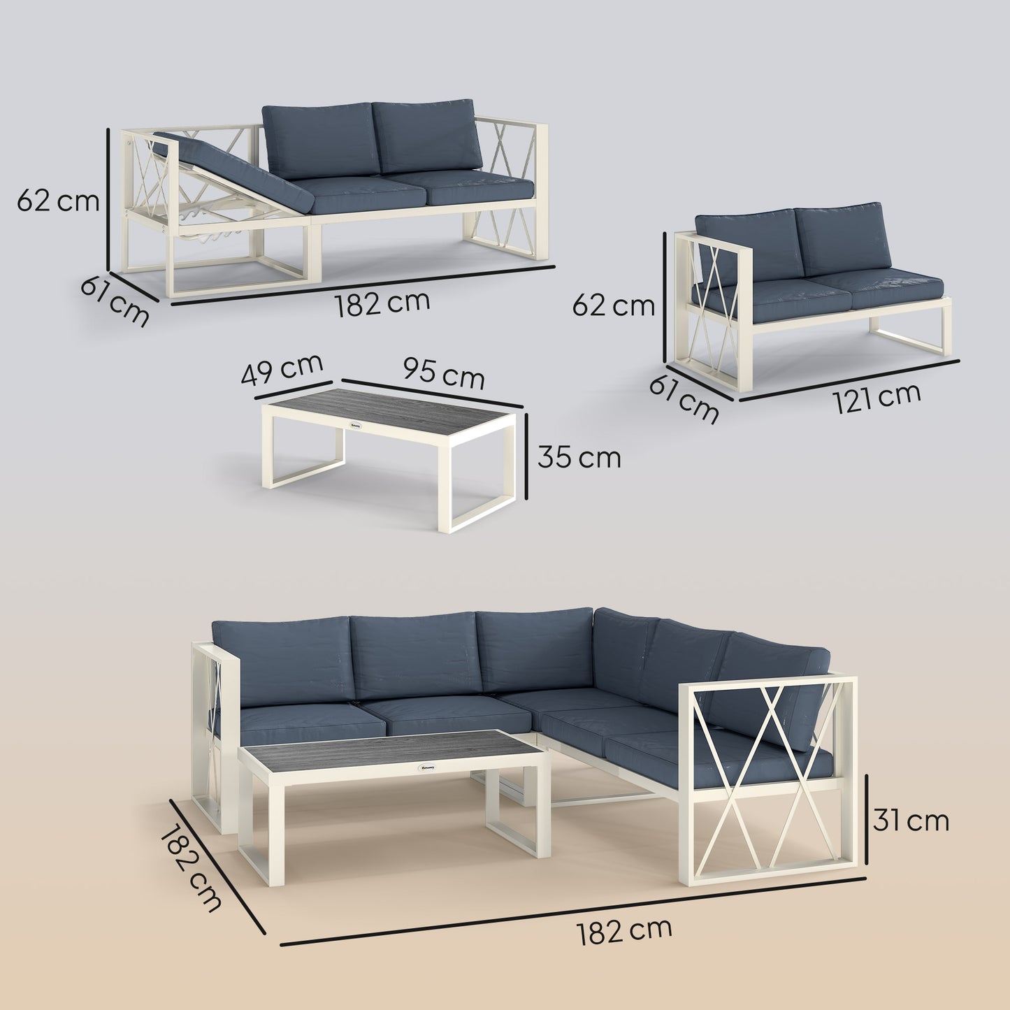 Outsunny Four Piece L Shaped Garden Furniture Set With 5 Level Adjustable Lounger Grey