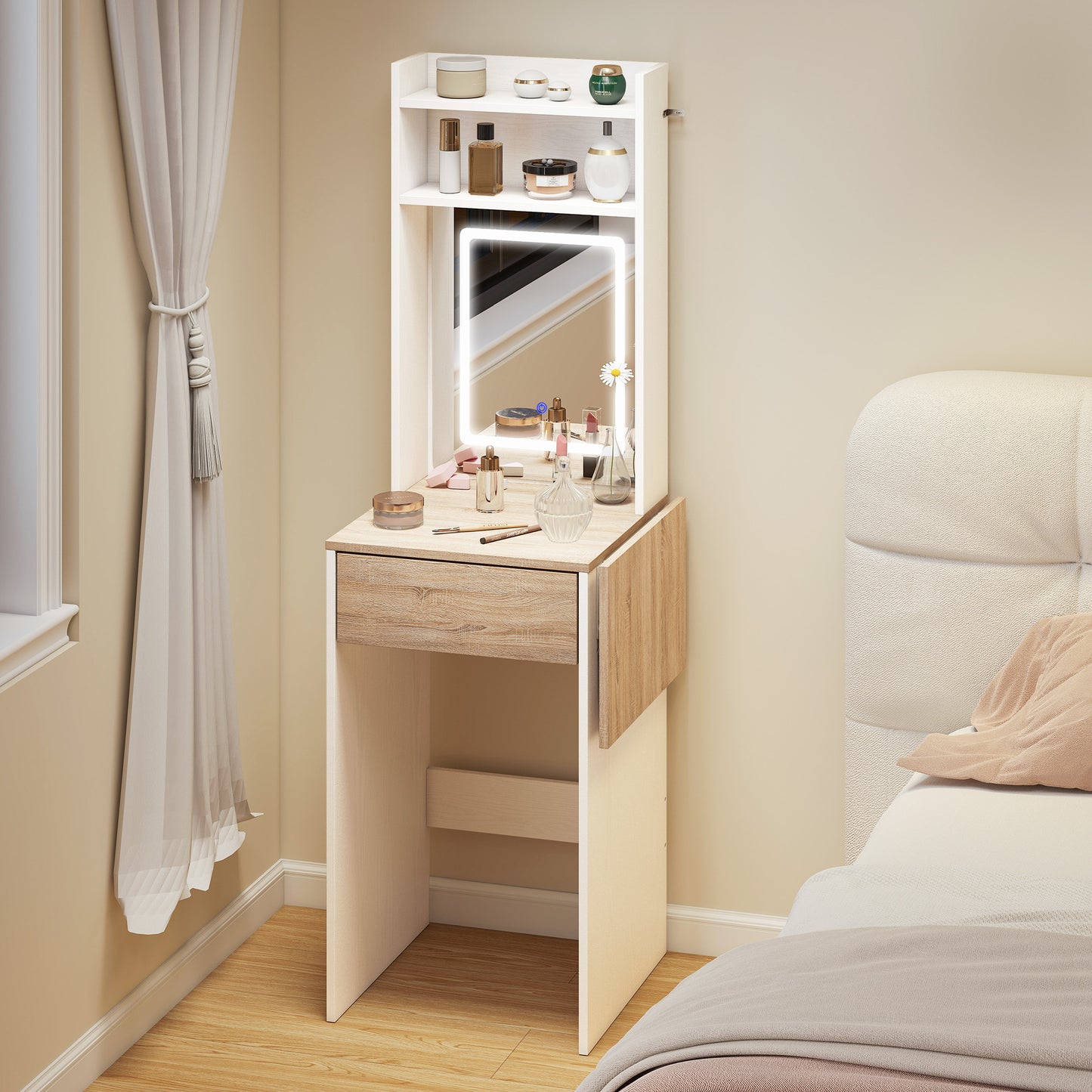 Women's Homcom Small Vanity Desk With Mirror And Led Lights, Compact Dressing Table With Drop Leaf, Open Shelves And Drawer, White