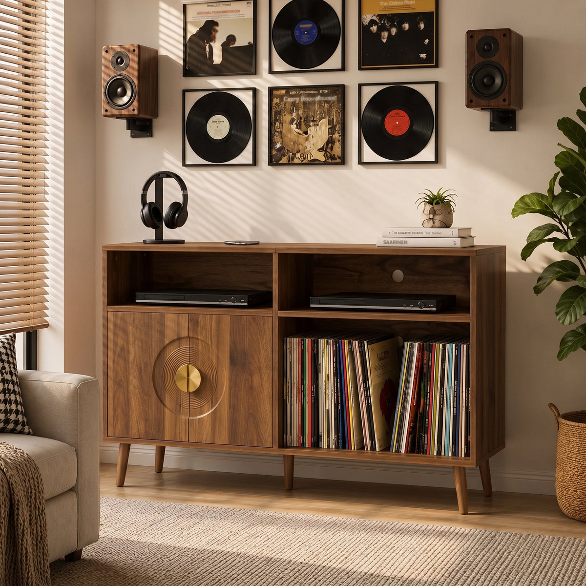 HOMCOM Vinyl Record Player Stand with 300 Album Storage and Flip Top Walnut