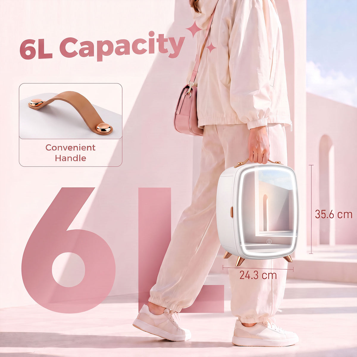 White 6L mini skincare refrigerator with convenient carrying handle, compact freestanding design