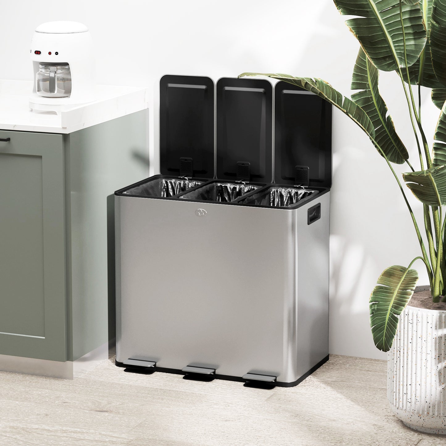 HOMCOM 3 X 15L Pedal Bin Stainless Steel Triple Kitchen Bin With Soft Close Lid And Removable Inner Buckets