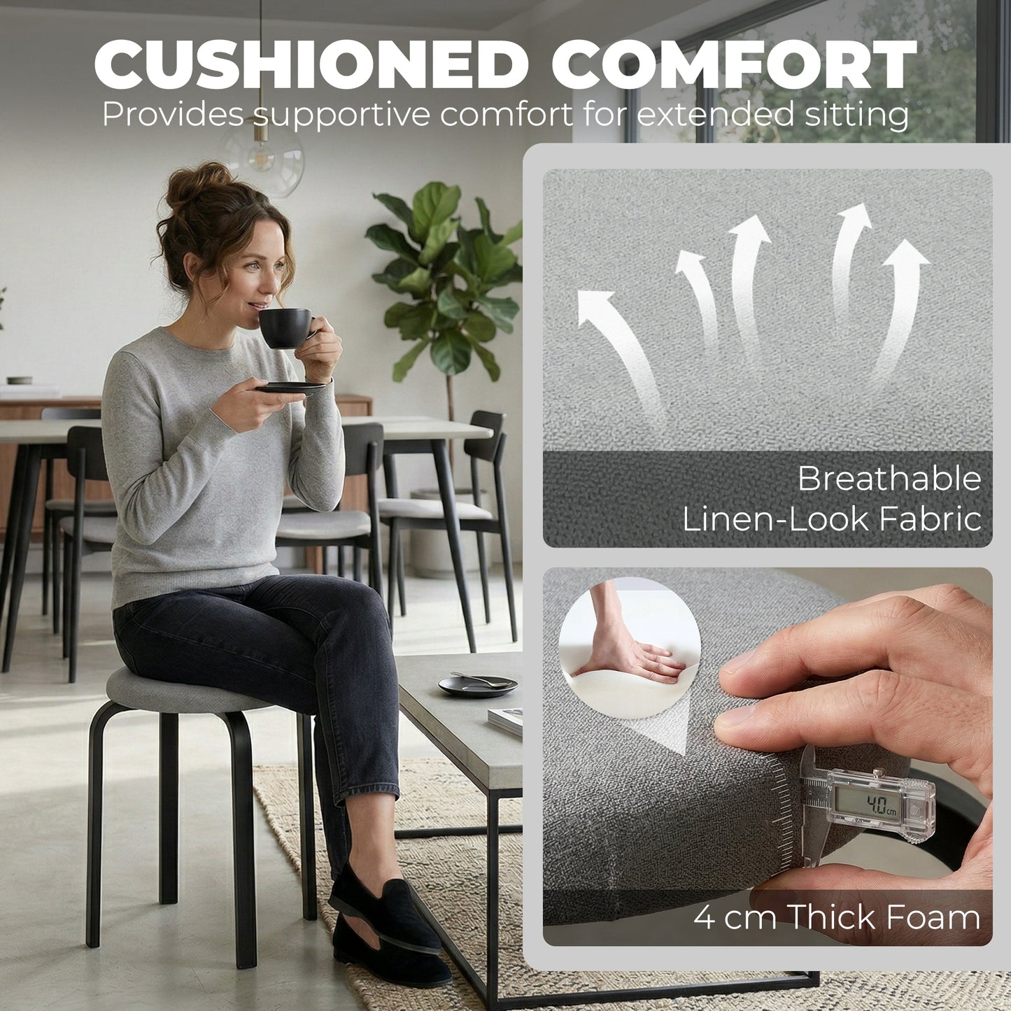 HOMCOM Stackable Cushioned Round Backless Stools Set of 4 Grey for Kitchen and Dining Room