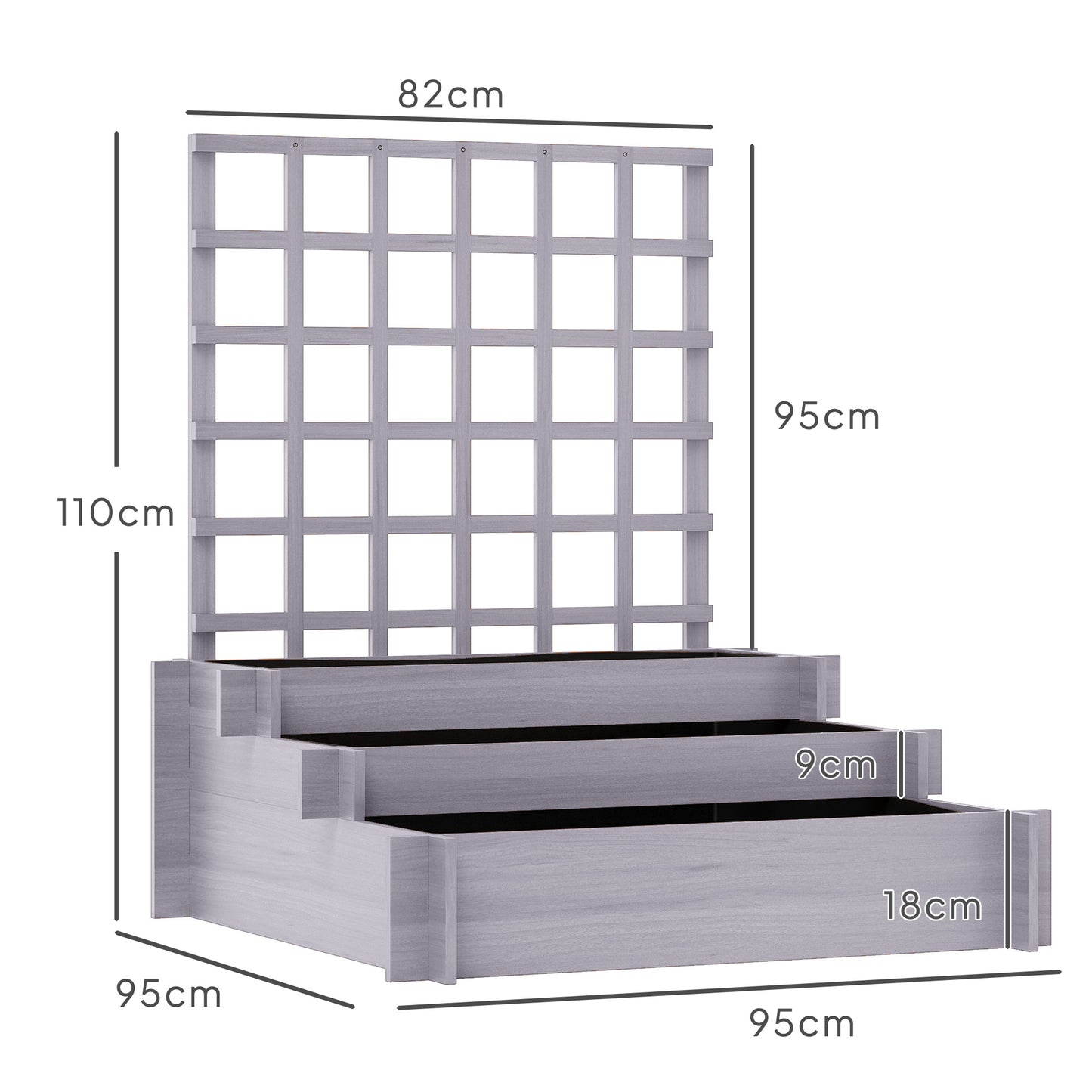 Outsunny 3 Tier Garden Planters with Trellis for Vine Climbing Wooden Raised Beds 95x95x110cm Grey Outdoor