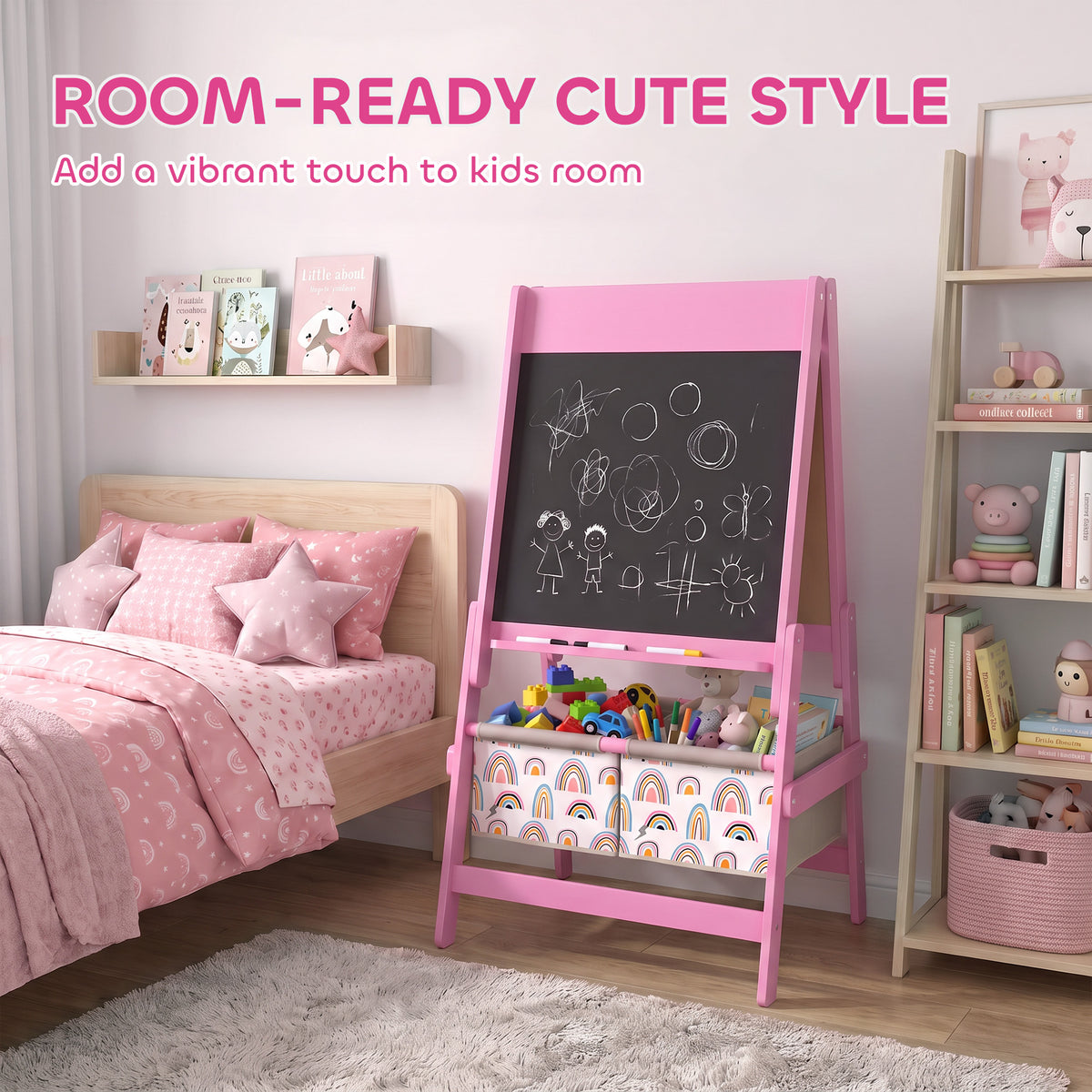 Pink kids art easel with chalkboard surface and rainbow storage bins