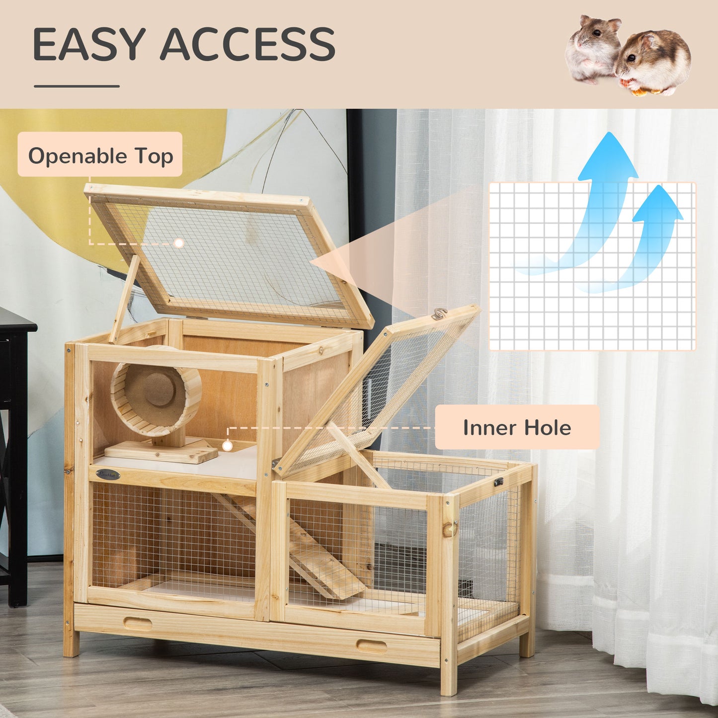 PawHut 2-Tier Wooden Hamster Habitat with Exercise Wheel and Easy-Clean Sliding Tray - ALL4U RETAILER LTD