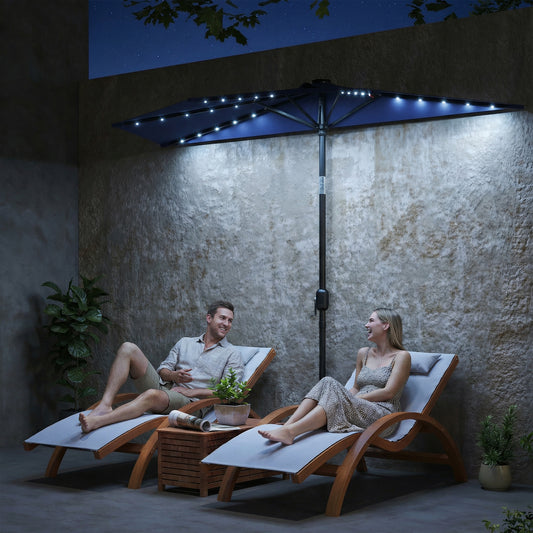 Outsunny 2.6m Half Garden Parasol With Solar LED Lights UPF50 Umbrella Semi Round Tilt 30 Degree Crank Handle Dark Blue