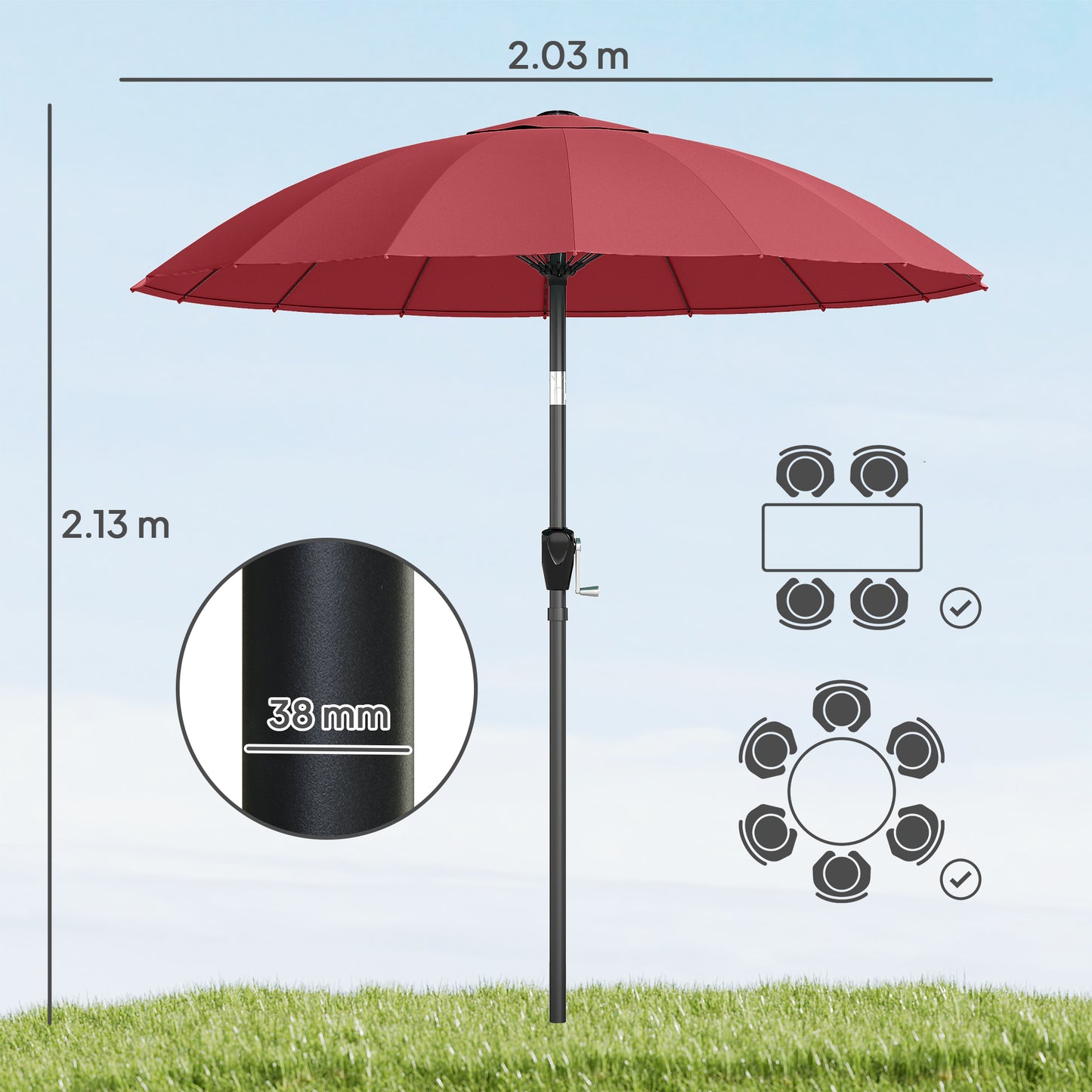 Outsunny 2 m Shanghai Garden Parasol Umbrella With 16 Fibreglass Ribs Crank Tilt Wine Red