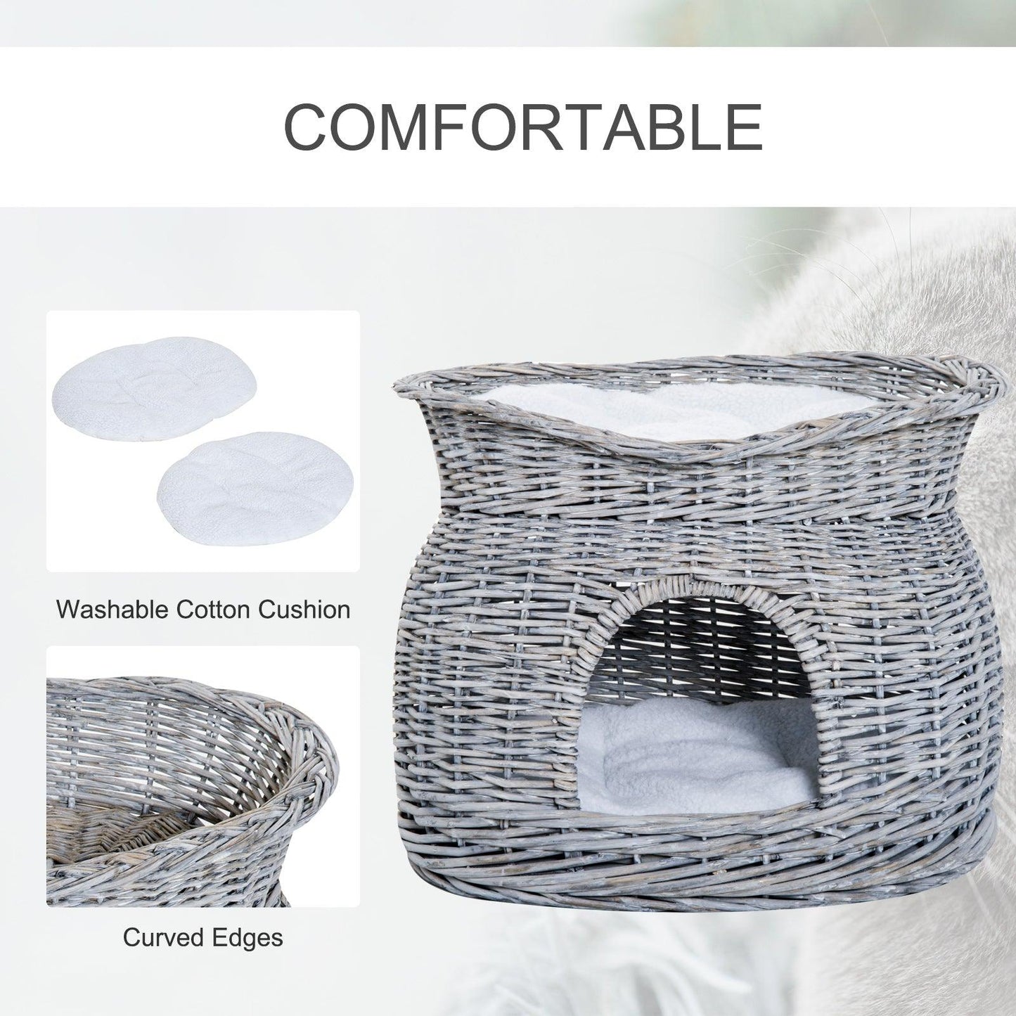 PawHut 2-Tier Wicker Cat House Elevated Pet Bed Basket Willow Kitten Tower Pet Den. with Washable Cushions 56x37x40cm Grey - ALL4U RETAILER LTD