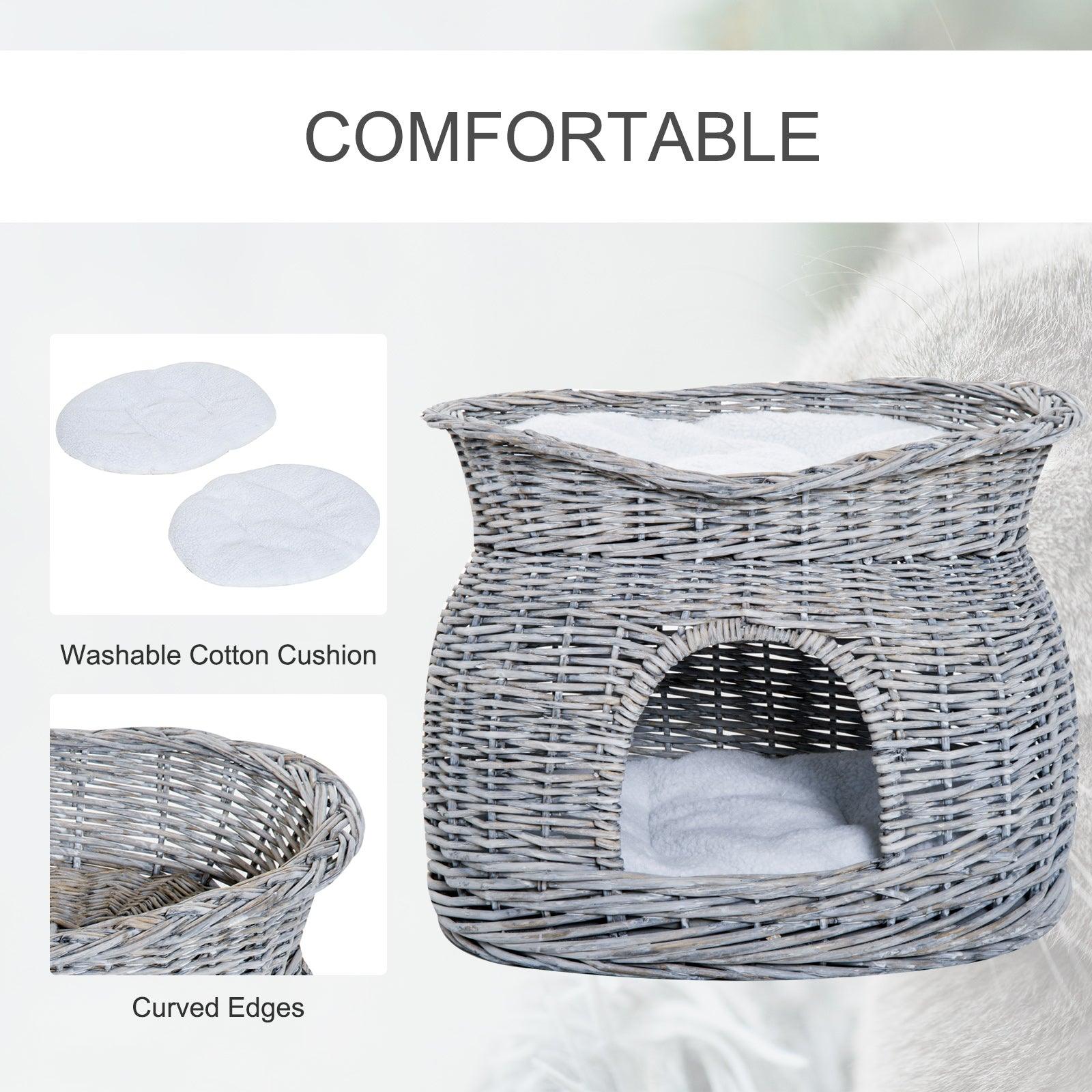 PawHut 2-Tier Wicker Cat House Elevated Pet Bed Basket Willow Kitten Tower Pet Den. with Washable Cushions 56x37x40cm Grey - ALL4U RETAILER LTD