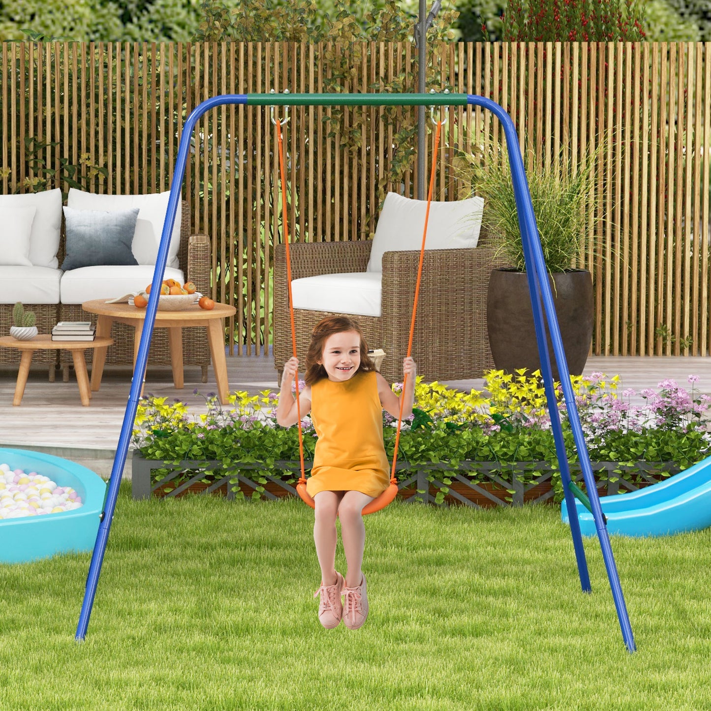 Outsunny 2-in-1 Toddler and Kids Swing Set with Cozy Seat & Safety Strap, Bright Orange Design - ALL4U RETAILER LTD