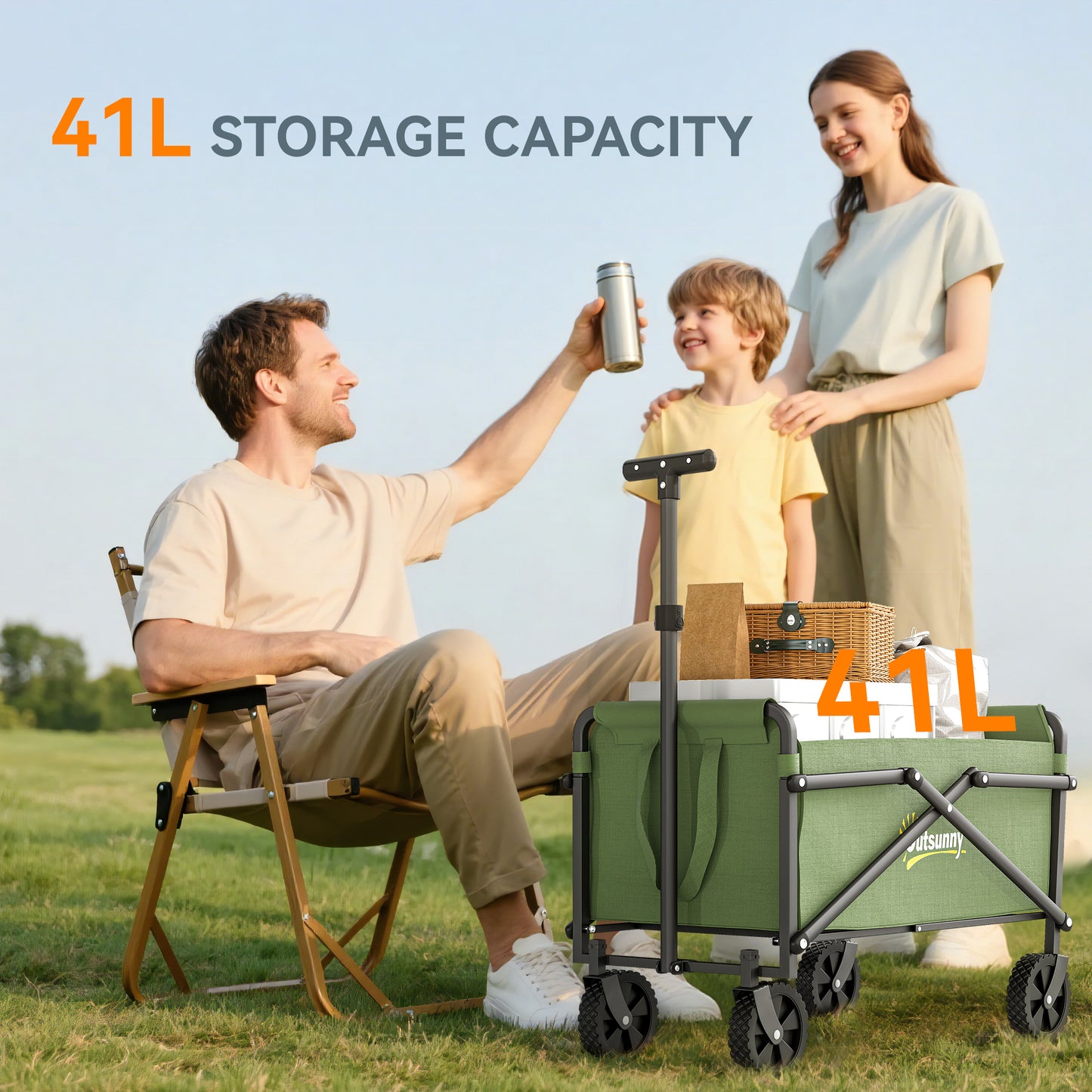 Outsunny 41L Festival Trolley On Wheels Compact Garden Folding Trolley Cart 60kg Heavy Duty Collapsible Wagon Green