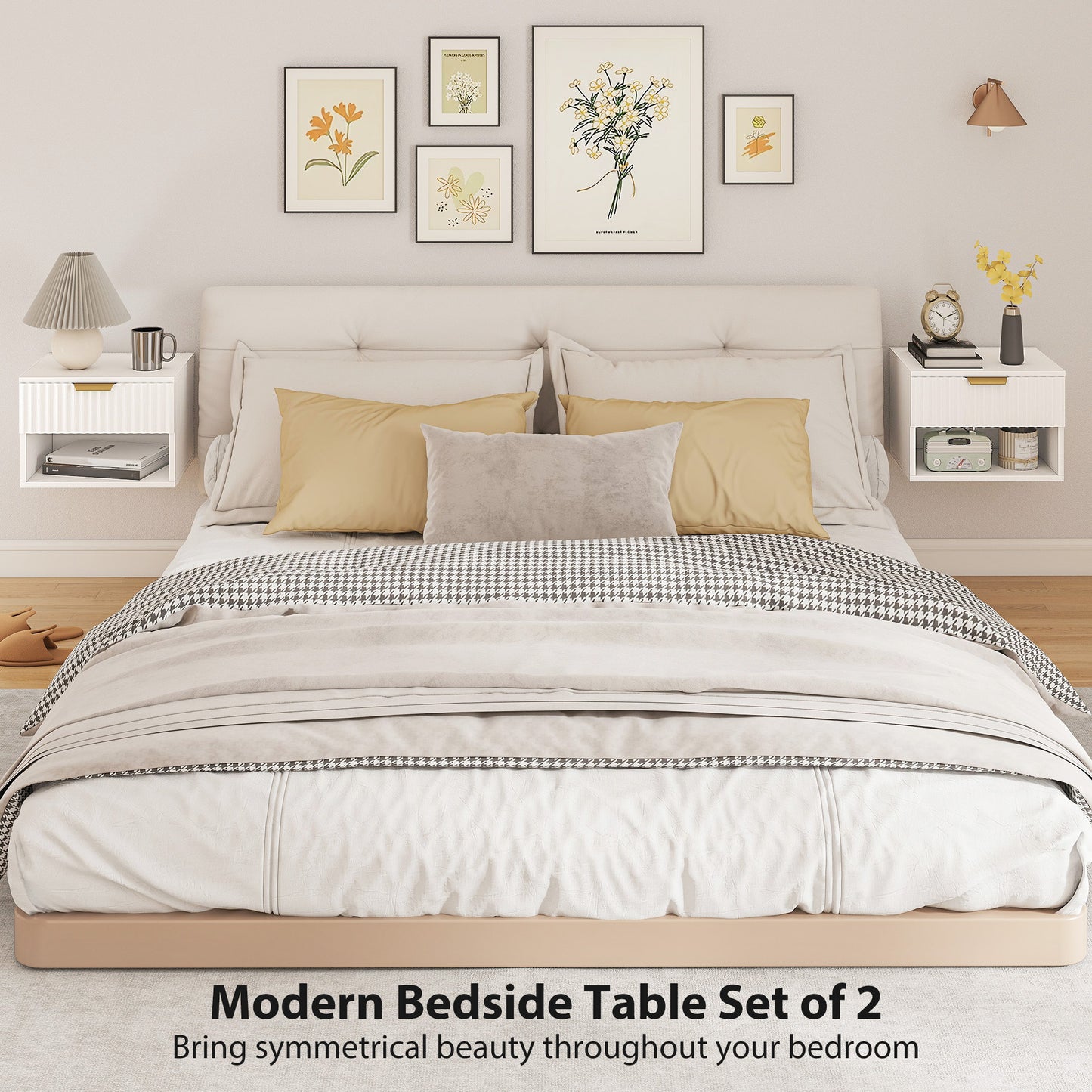 HOMCOM Floating Nightstands Set Of 2 Wall Mounted Bedside Tables With Fluted Drawer And Open Shelf White
