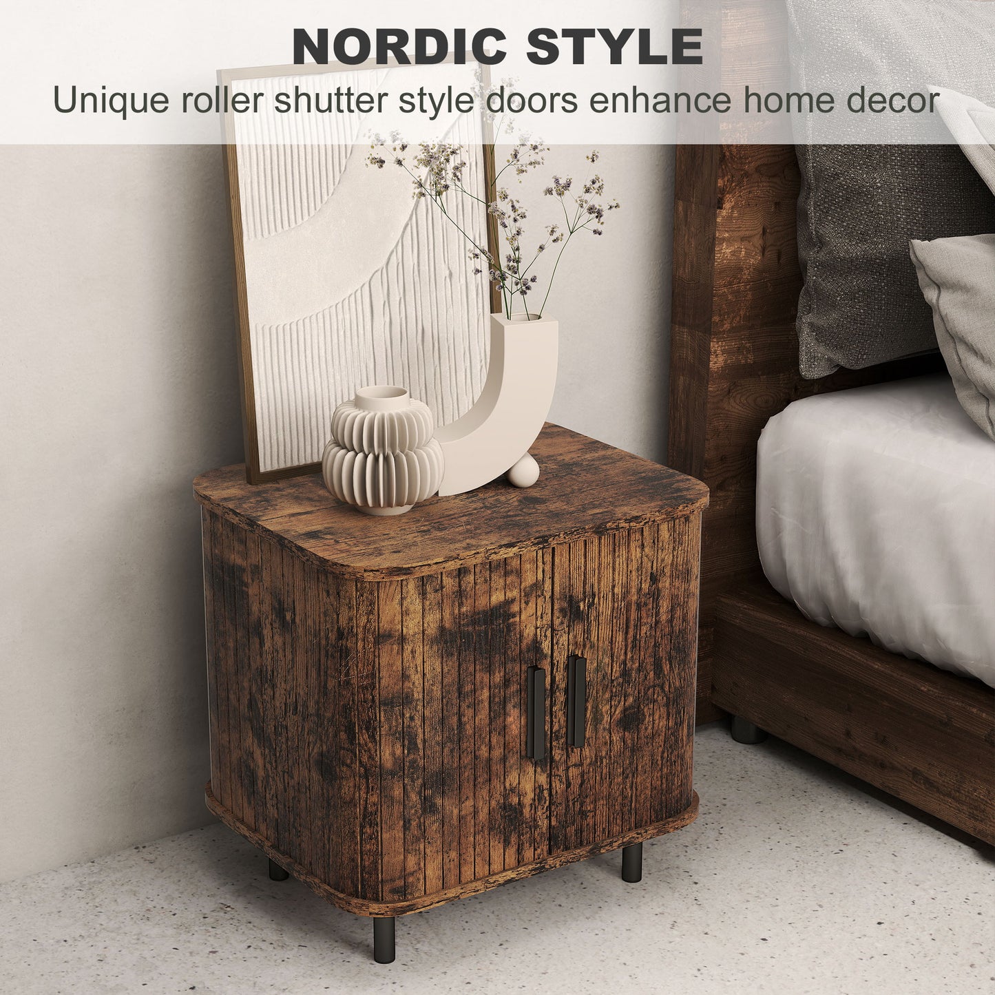 HOMCOM Bedside Table Nordic Nightstand With Roller Shutter Style Sliding Doors And Metal Legs Rustic Brown