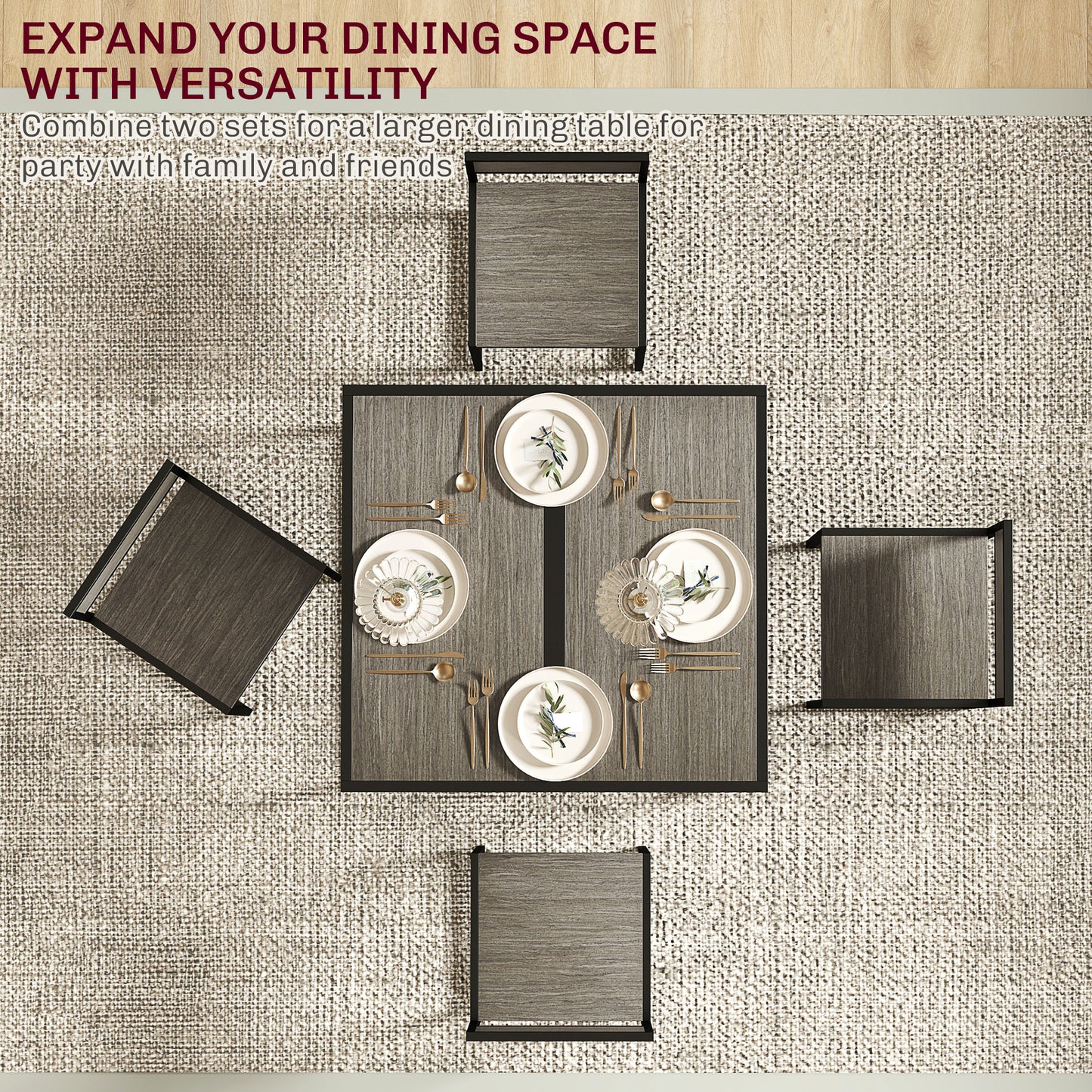 HOMCOM Dining Table And Chairs Set 2 Piece Space Saving Rectangular Table With 2 Chairs Steel Frame Grey Wood Effect