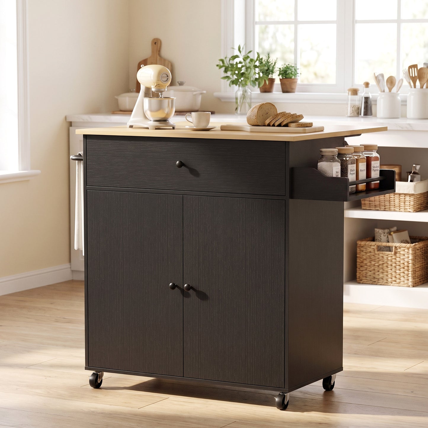 HOMCOM Kitchen Island With Drop Leaf Rolling Cart And Storage Drawer