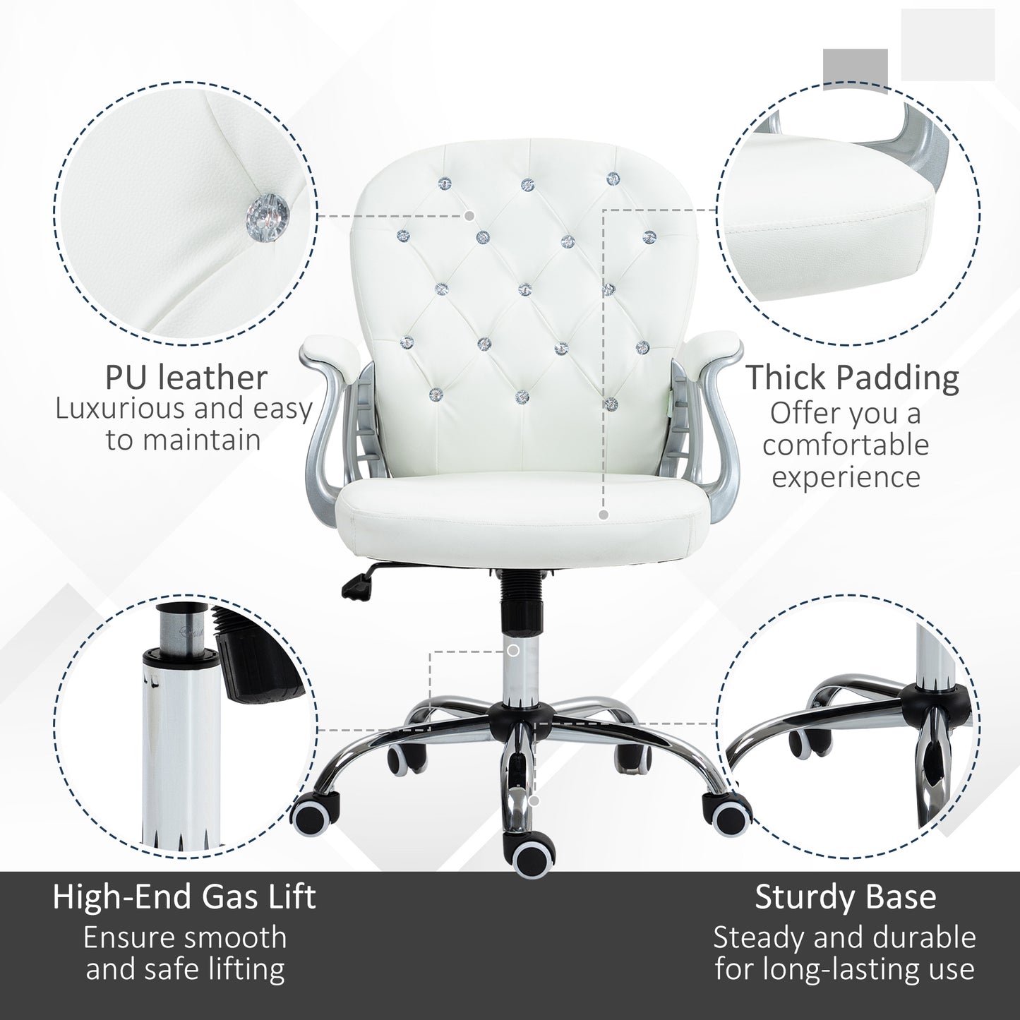 Vinsetto Glamorous Ergonomic Office Chair with Diamante Tufting and 360° Swivel - White PU Upholstery - ALL4U RETAILER LTD