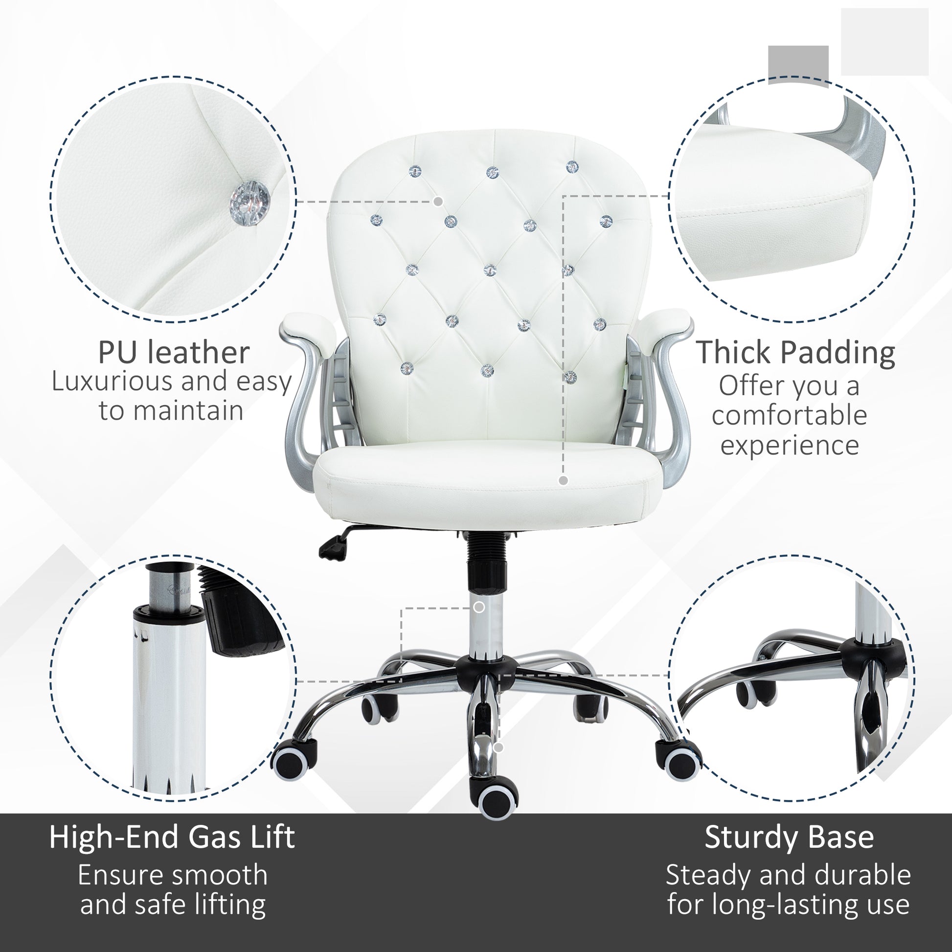 Vinsetto Glamorous Ergonomic Office Chair with Diamante Tufting and 360° Swivel - White PU Upholstery - ALL4U RETAILER LTD