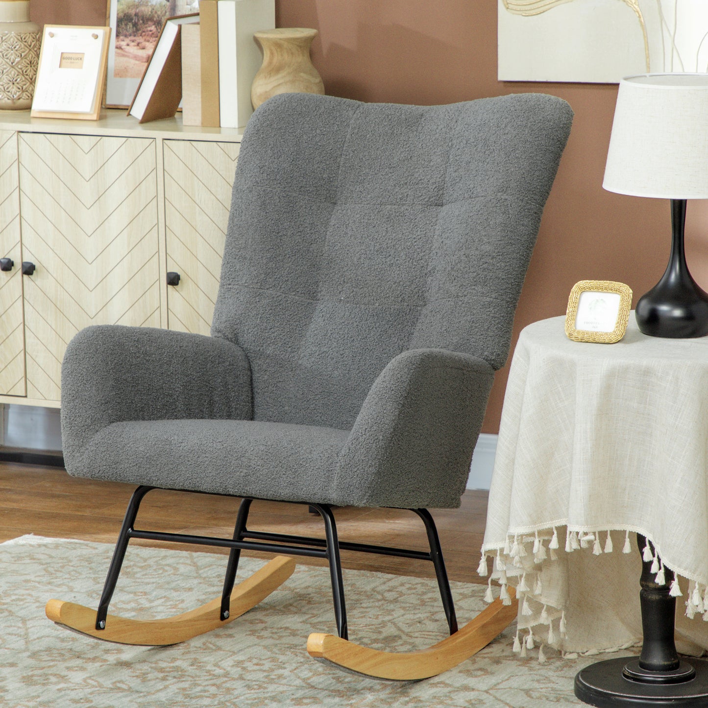 HOMCOM Teddy Fleece Rocking Chair Grey With High Density Foam Padding And Wooden Feet For Gentle 90 To 115 Degree Sway