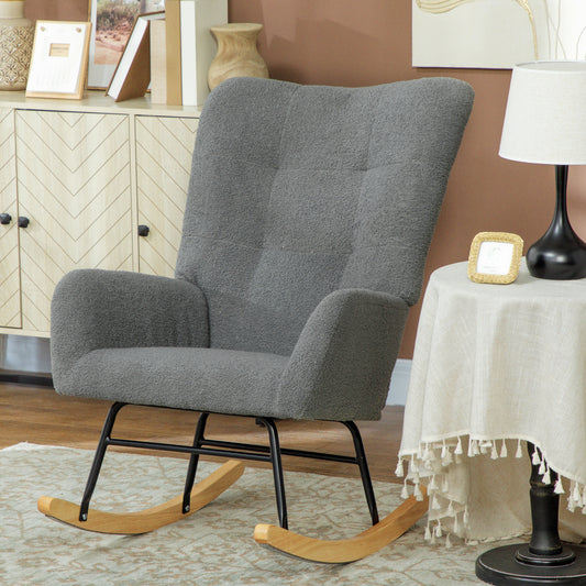 HOMCOM Teddy Fleece Rocking Chair Grey With High Density Foam Padding And Wooden Feet For Gentle 90 To 115 Degree Sway