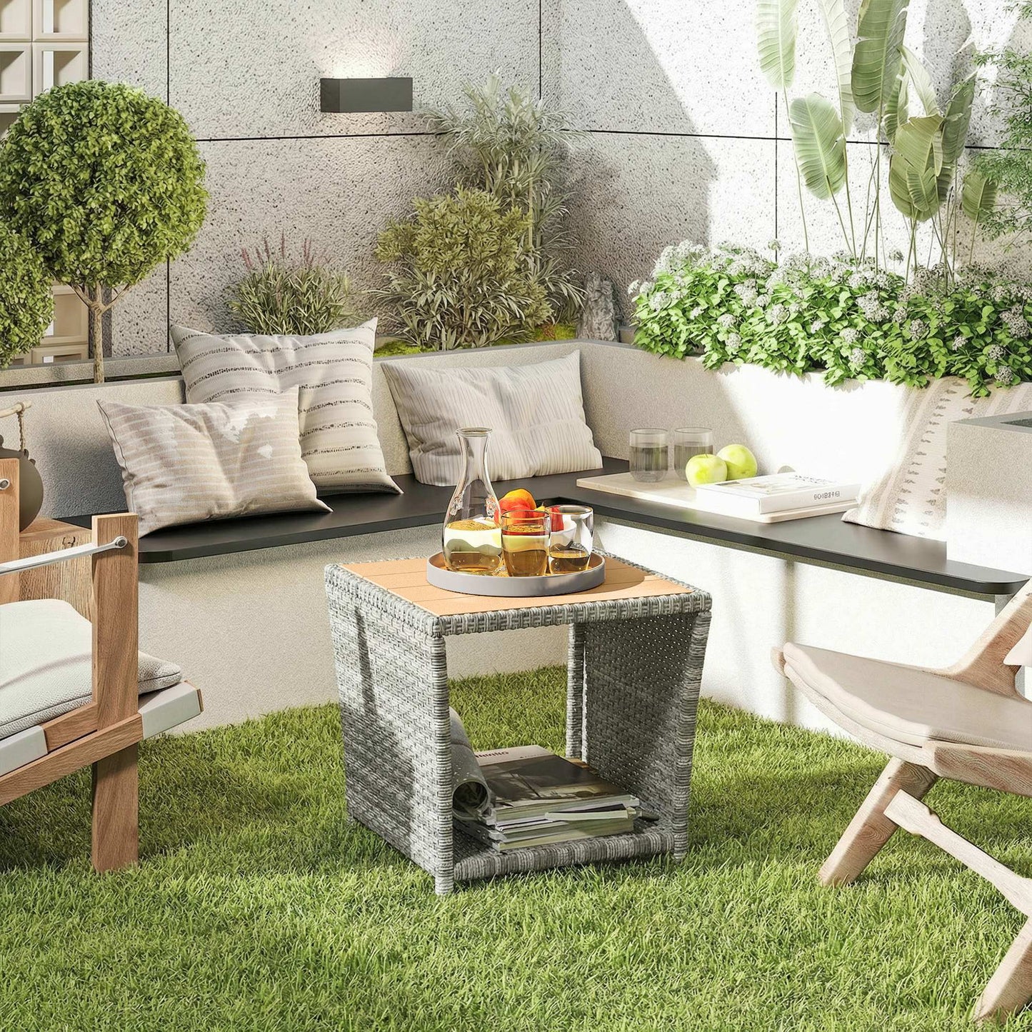 Outsunny Two Tier Outdoor Coffee Table With Storage Shelf And Wood Slat Top Light Grey