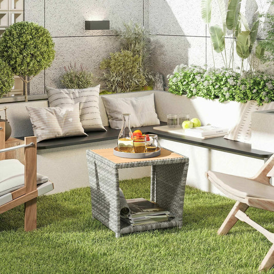 Outsunny Two Tier Outdoor Coffee Table With Storage Shelf And Wood Slat Top Light Grey