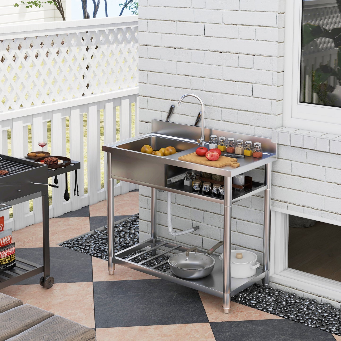 HOMCOM Outdoor Stainless Steel Kitchen Sink Freestanding Single Bowl With Hot And Cold Water Supply And Storage Shelves