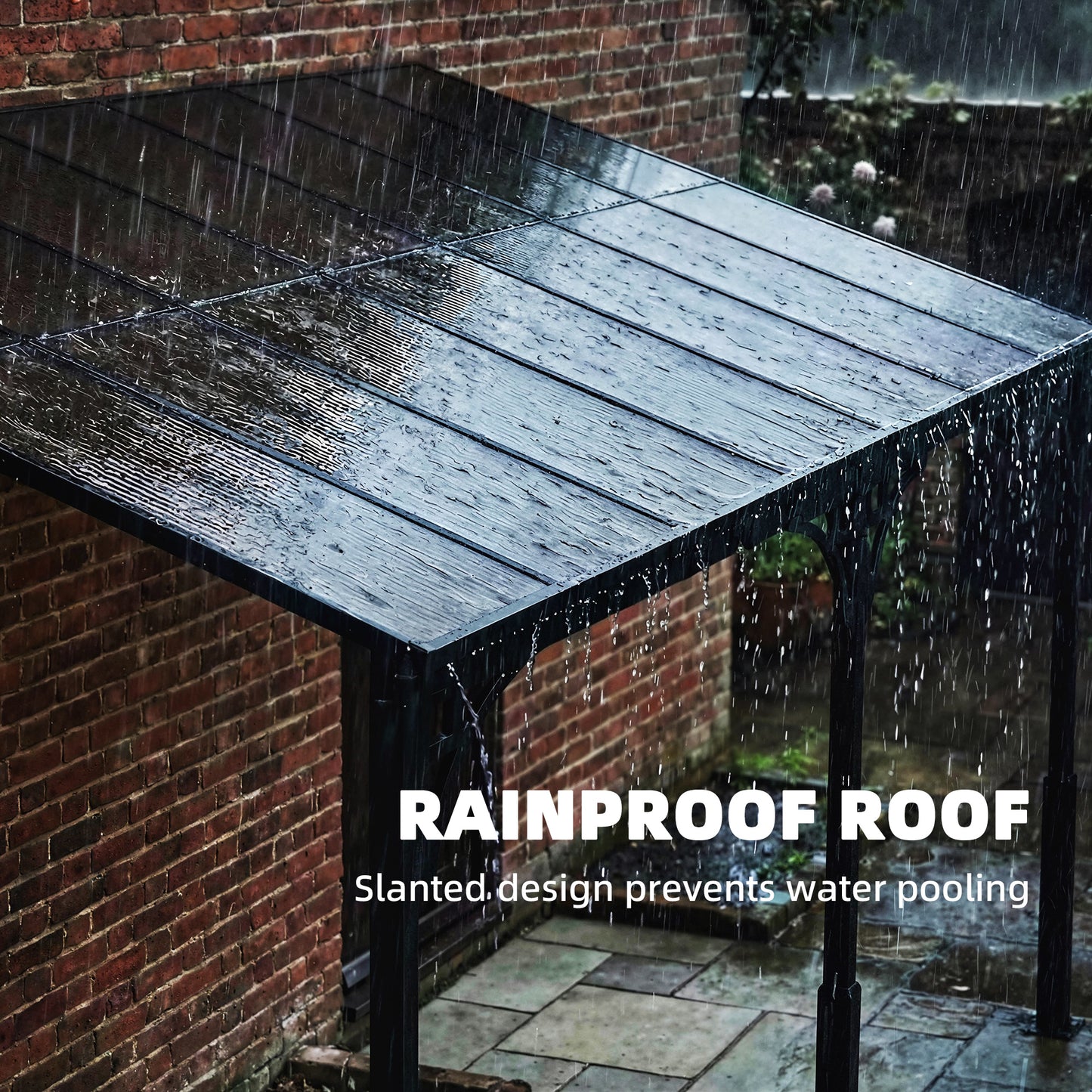 Outsunny 4 x 3 m Wall Mounted Lean To Pergola with Polycarbonate Roof and Aluminium Frame Brown Outdoor Patio Gazebo