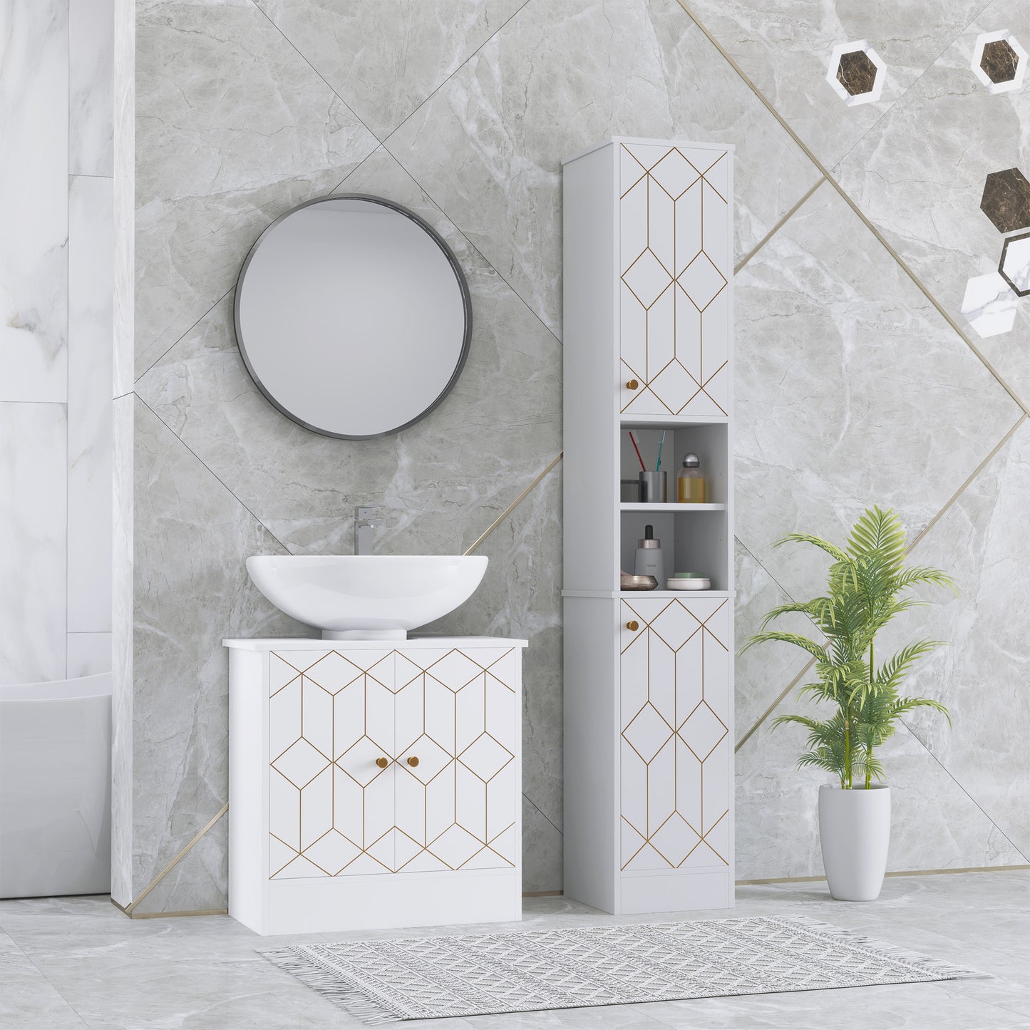 HOMCOM Tall White Bathroom Storage Cabinet with Doors Freestanding Slim Unit with Adjustable Shelves Two Tier Cabinets