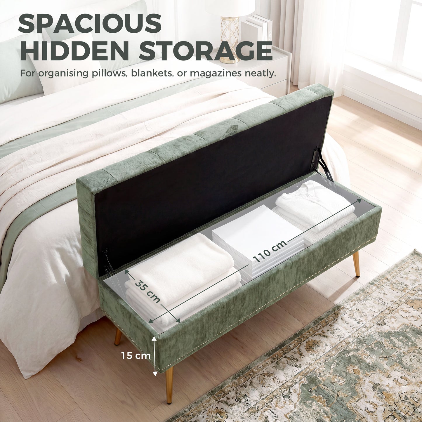 HOMCOM Storage Ottoman Chenille Upholstered Box With Padded Seat And Metal Legs Light Green 114x41x45 cm