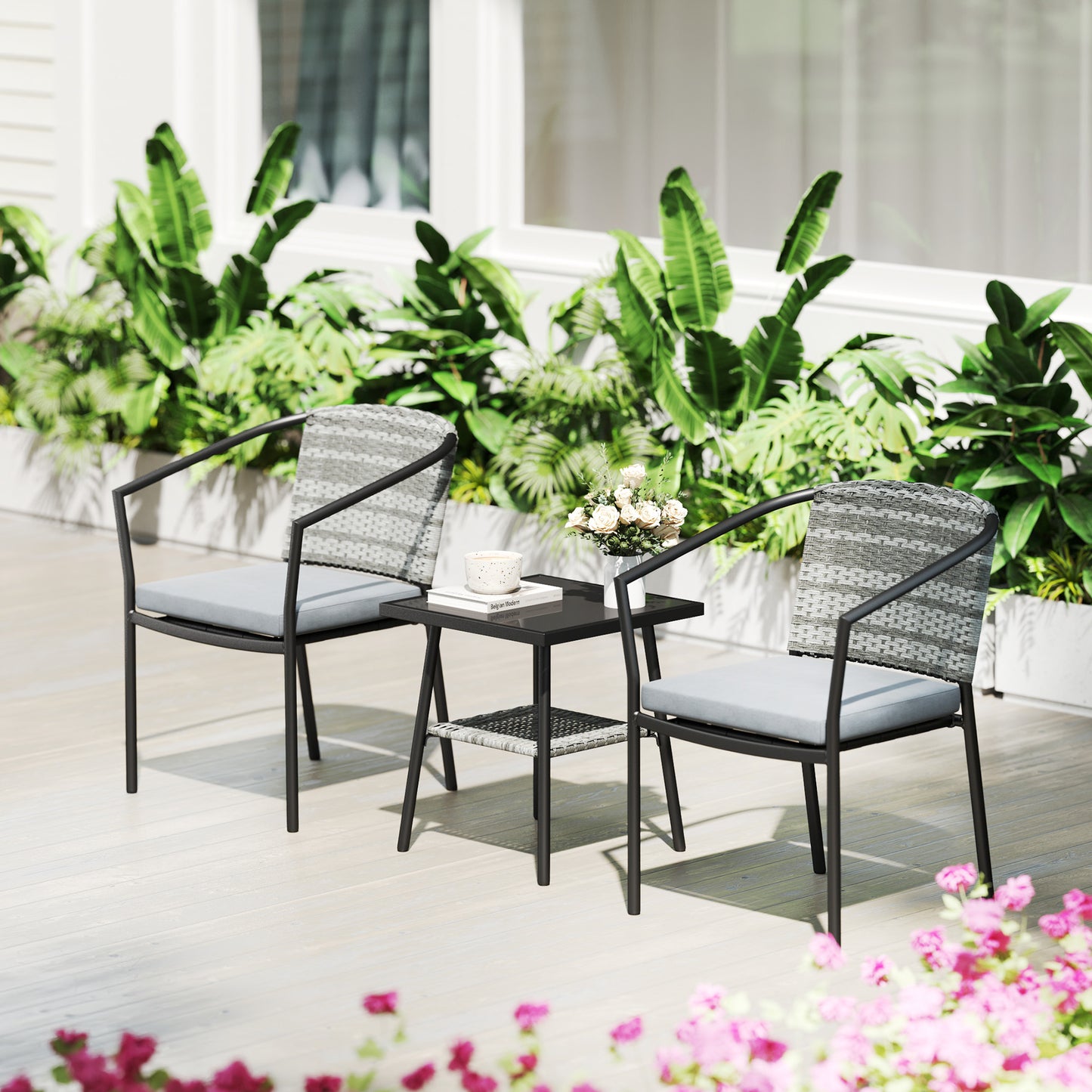 Outsunny 3 Piece Rattan Bistro Set With Cushions Glass Top Coffee Table And Chairs For Outdoor Patio Terrace Grey