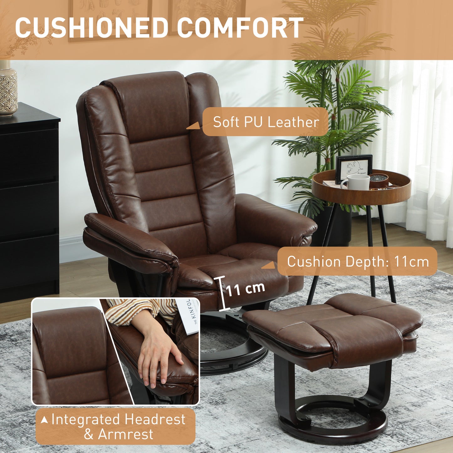 HOMCOM Faux Leather 135 Degree Reclining Chair And Footstool Set Brown For Ultimate Relaxation
