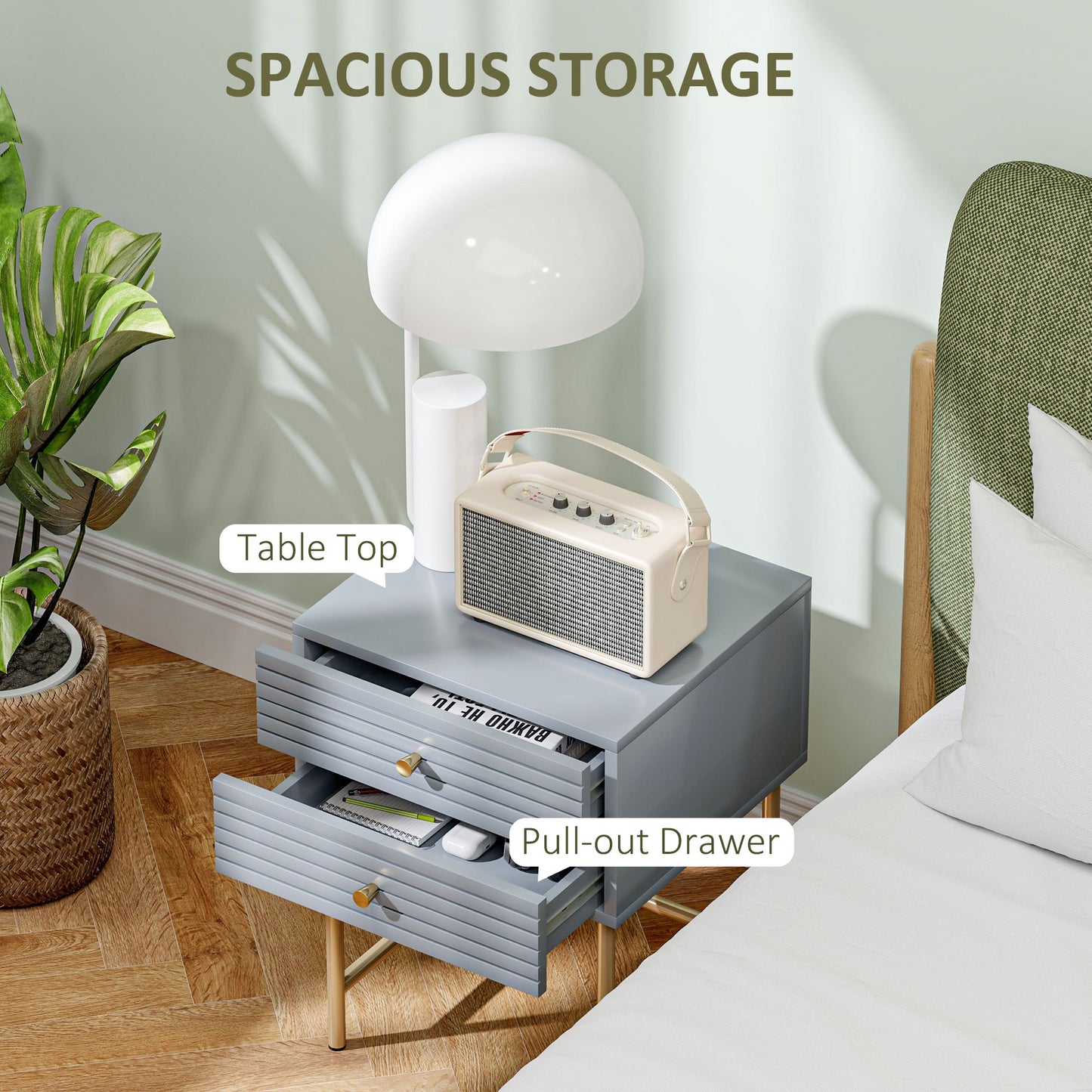 HOMCOM Set Of Two Elegant Bedside Tables With Grey Boxy Frames And Gold Tone Accents Having Two Drawers