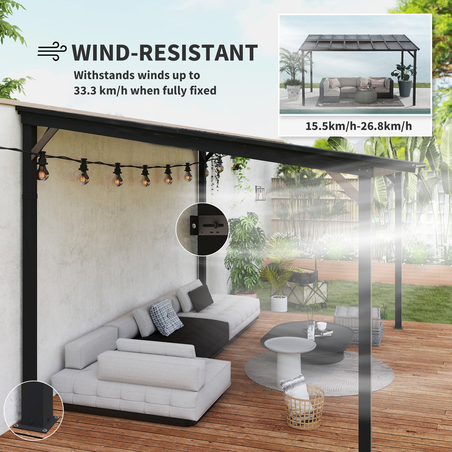 Outsunny 3x4.3m Metal Pergola With UPF 50 Plus Waterproof Polycarbonate Roof Wall Mounted Garden Gazebo Dark Grey