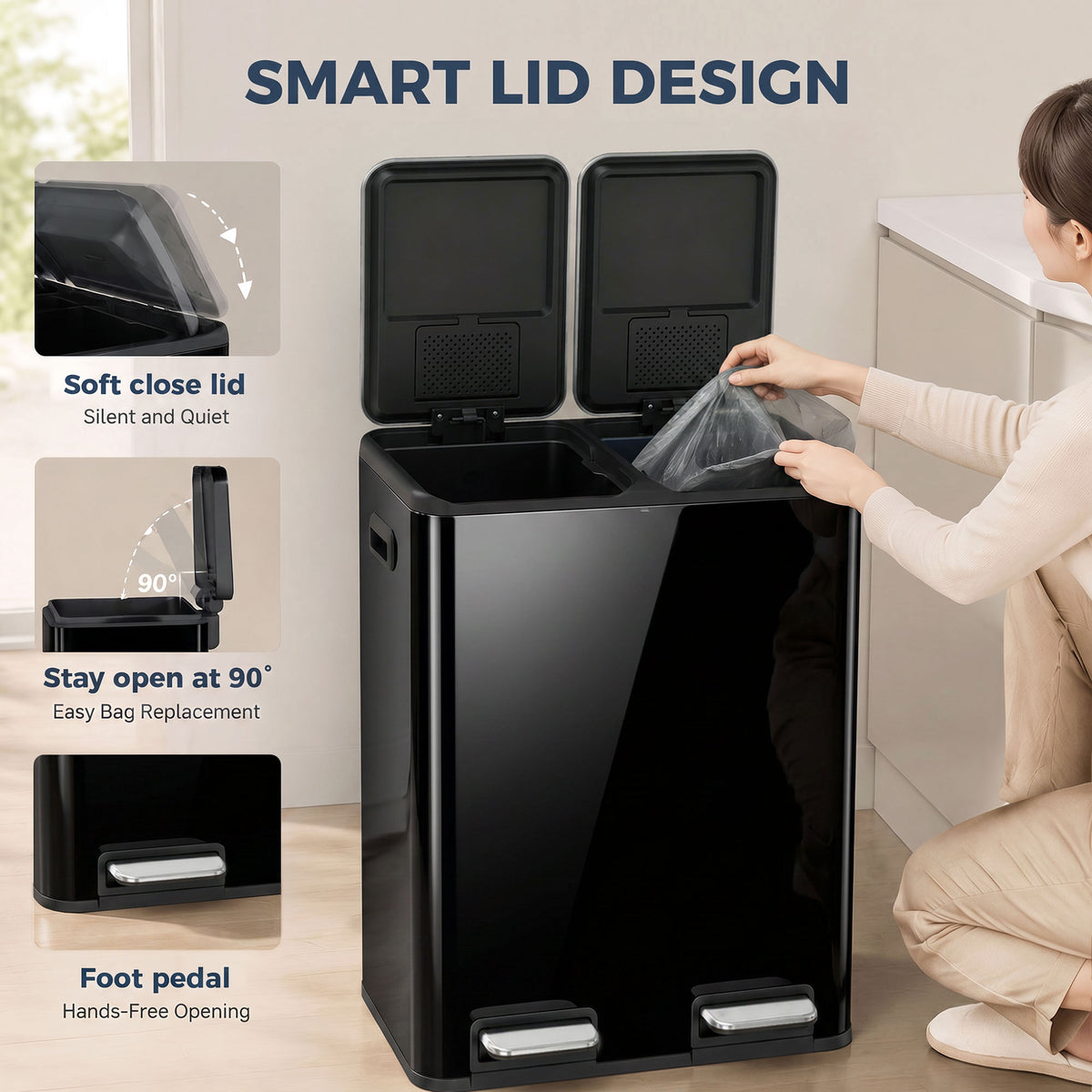 Homcom Double Kitchen Waste Bin 2x30L Pedal Soft Close Lids Black