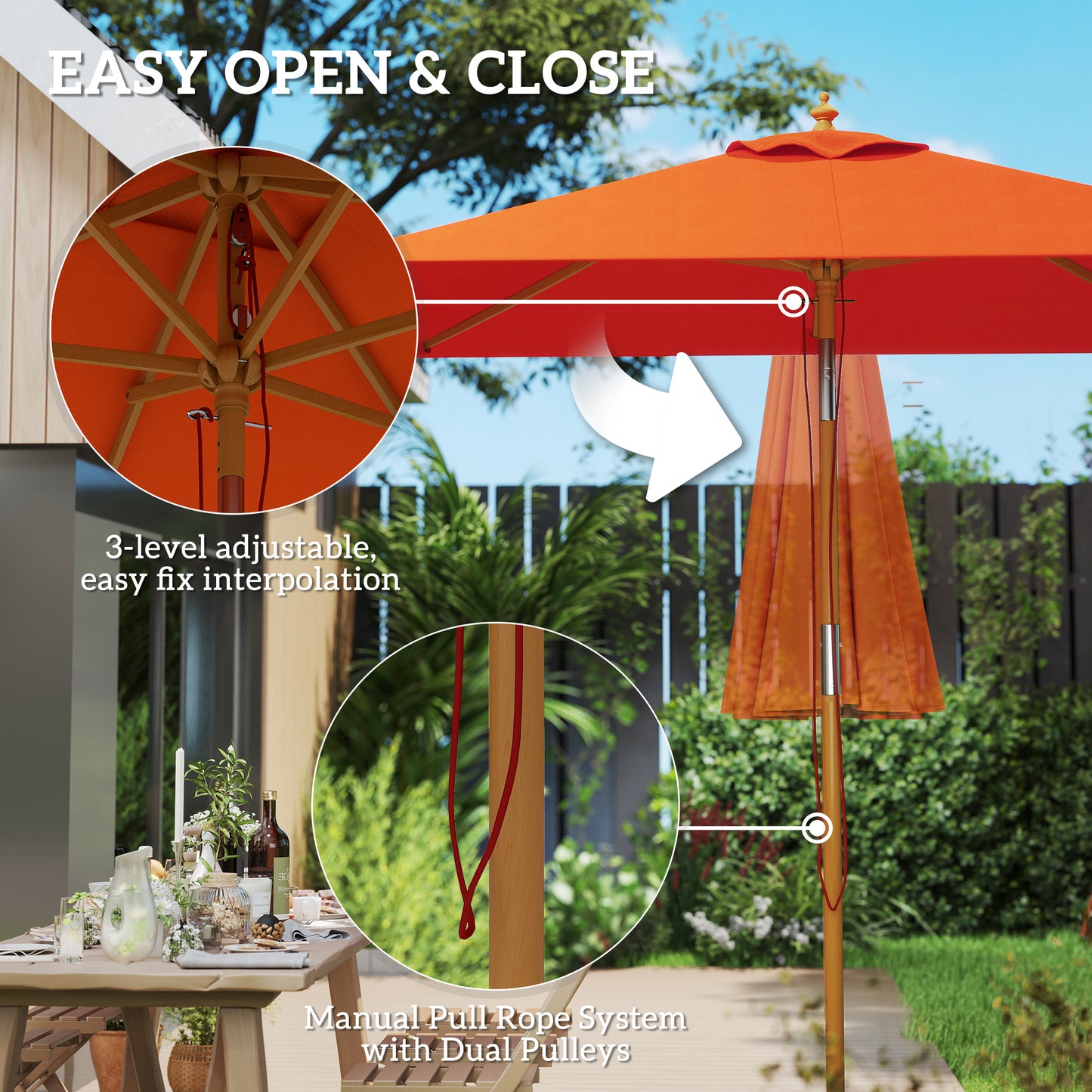 Outsunny 2m Tilting Wooden Pole Parasol Orange Canopy 180G Polyester Outdoor Sunshade For Patio Garden