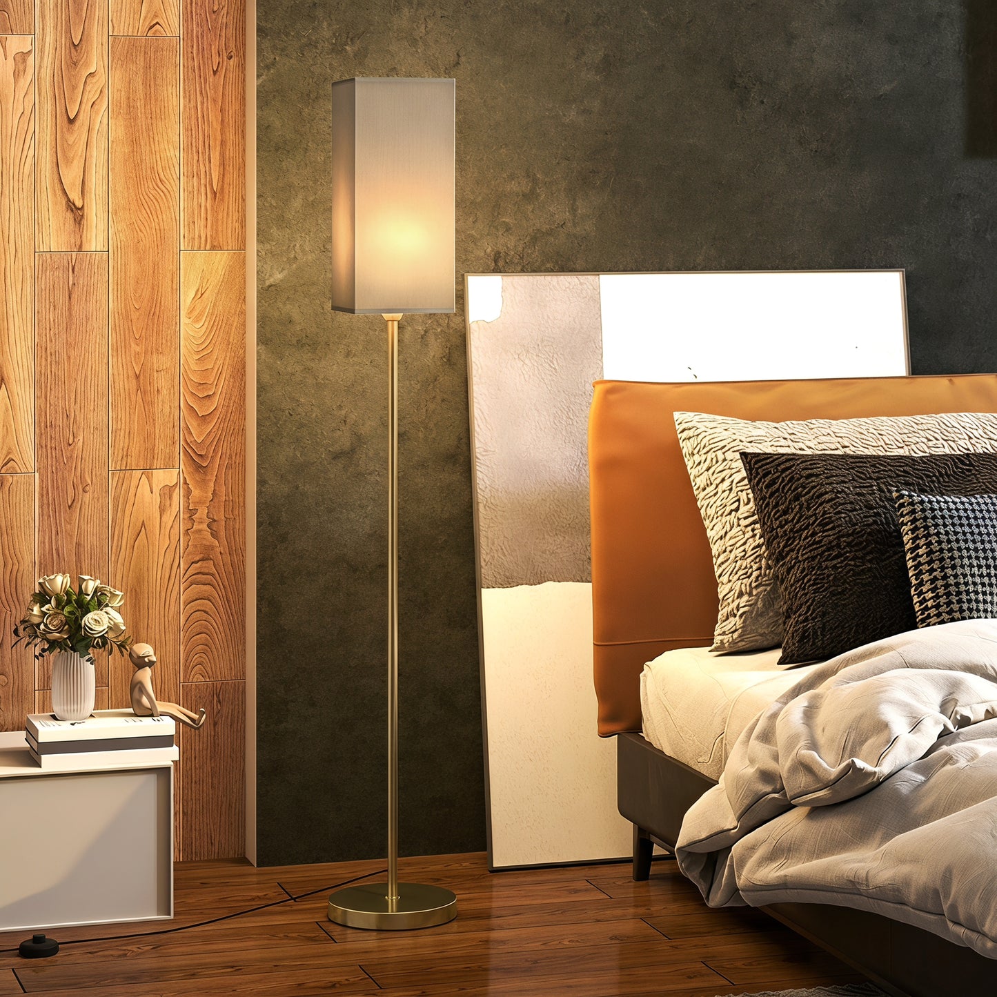 Modern Standing Floor Lamp With Faux Linen Shade And Foot Switch Gold