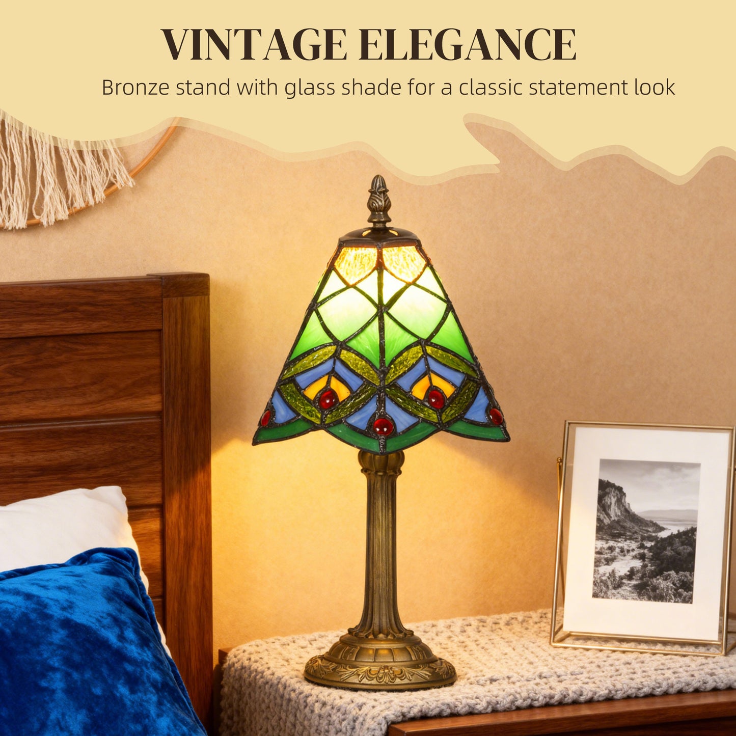 HOMCOM Tiffany Style Table Lamp Geometric Patterns Handcrafted Antique Stained Glass Bedside Lamp Green E27 Socket
