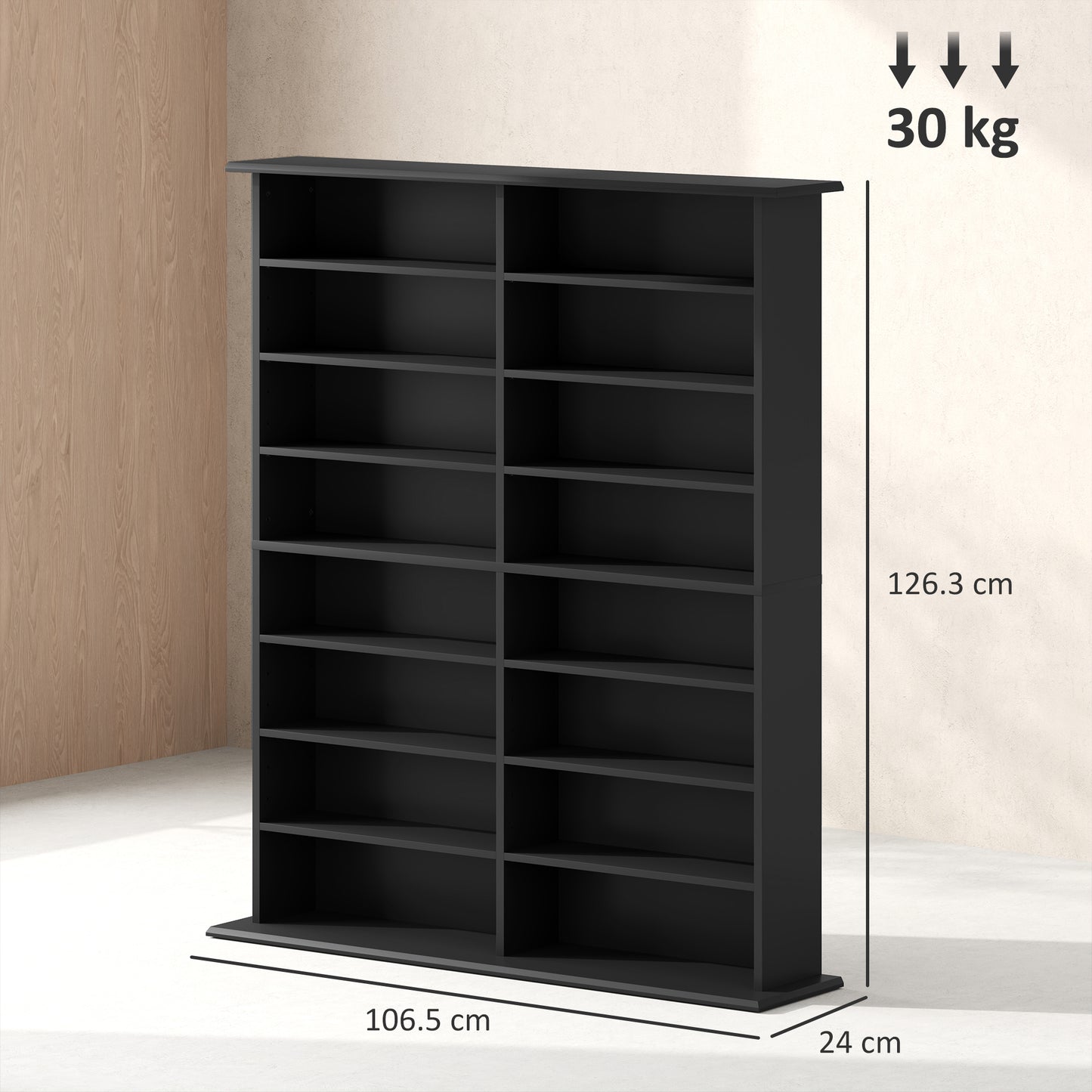 HOMCOM 16 Compartment Media Shelf Black With 12 Adjustable Shelves For CDs DVDs Blu Rays