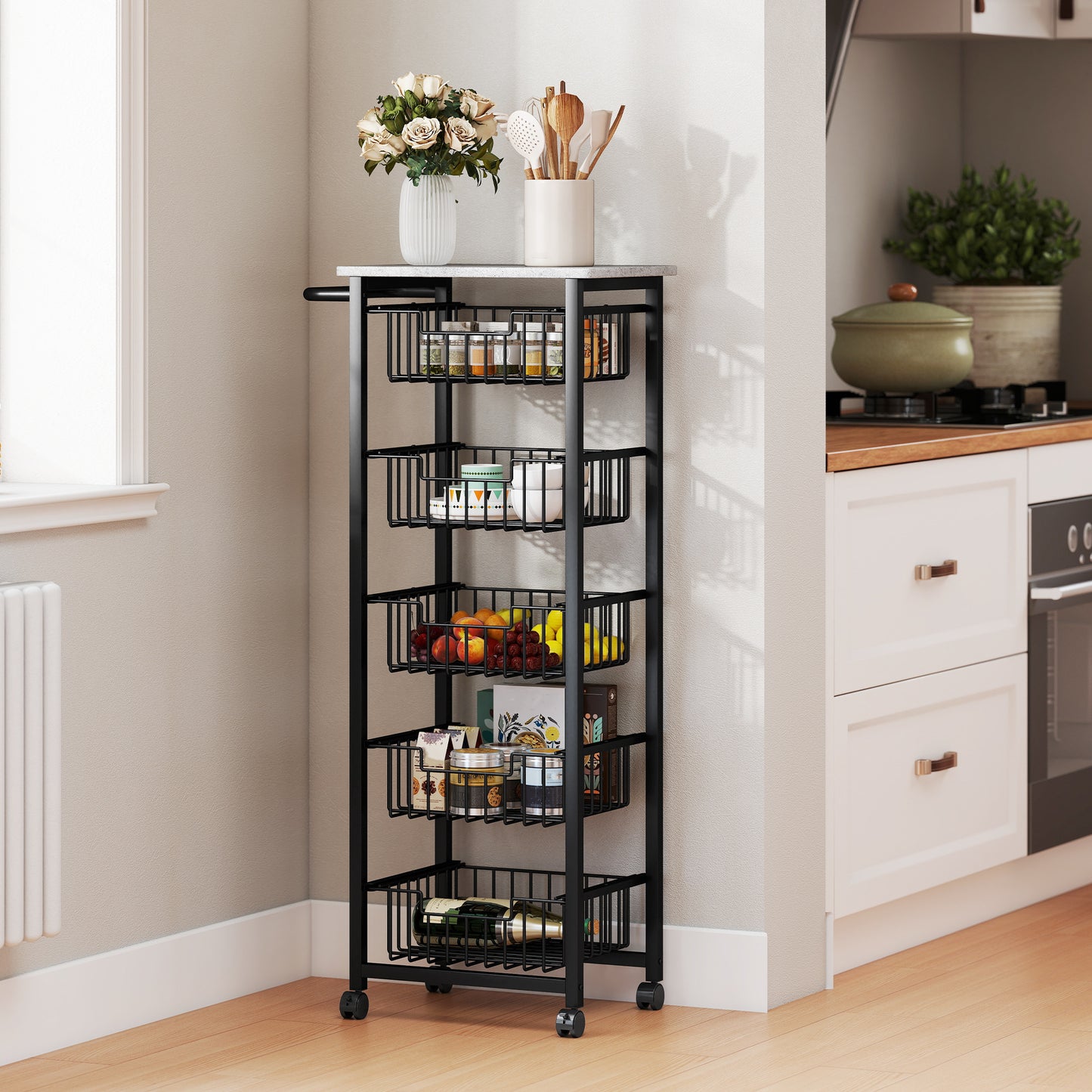 HOMCOM Five Basket Mobile Kitchen Island With Brakes Grey Black Marble Countertop