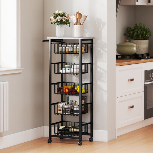 HOMCOM Five Basket Mobile Kitchen Island With Brakes Grey Black Marble Countertop