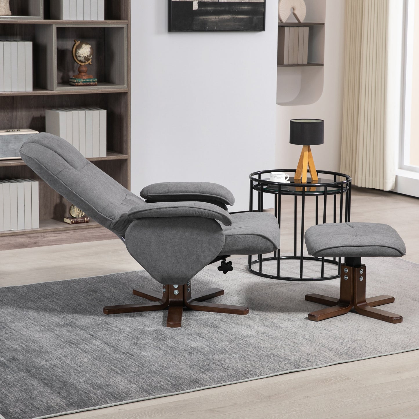 HOMCOM Linen Swivel Recliner Chair With Upholstered Footstool And Wooden Base In Grey For Living Room Comfort