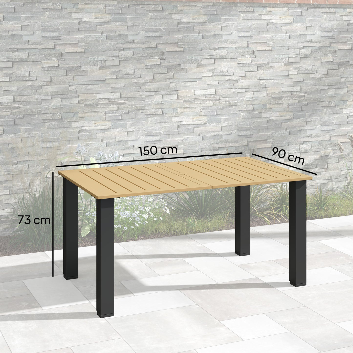 Outsunny Outdoor Rectangle Garden Dining Table For Six With Parasol Hole Slatted Metal Top And Steel Frame Brown
