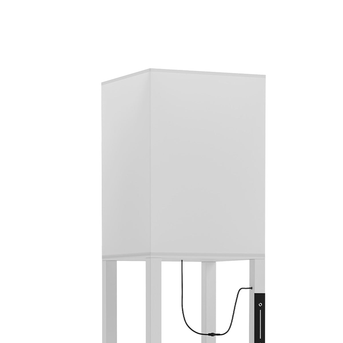 Close view of white lamp frame with power cord and top shade, three-tier shelves