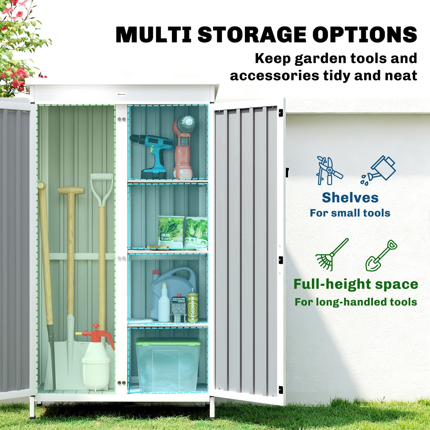 Outsunny Outdoor Storage Cabinet With Removable Shelves Garden Tool Shed Asphalt Roof White And Black