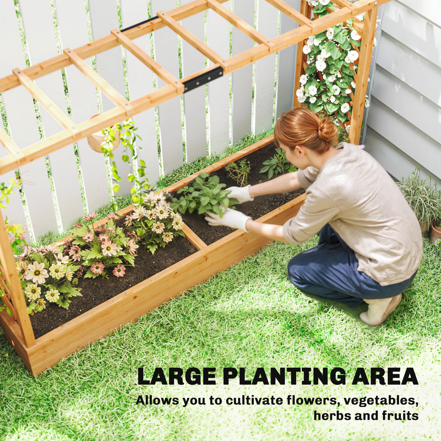 Outsunny Fir Wood Raised Planter With Trellis And Roof Drainage Holes Outdoor Garden Bed 175 X 39 Cm Planter Box