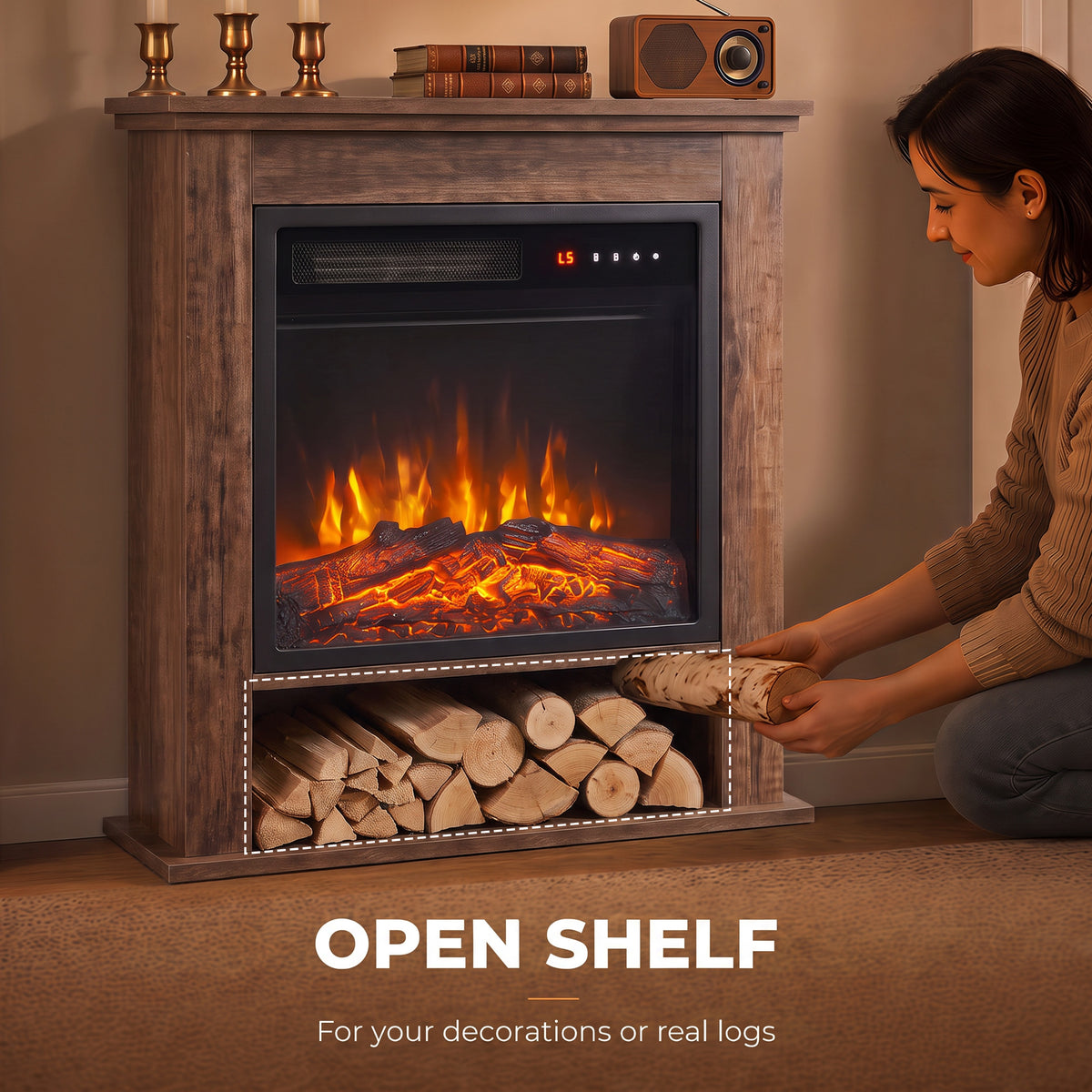 Oak electric fireplace suite with open lower shelf showing logs and glowing LED flames