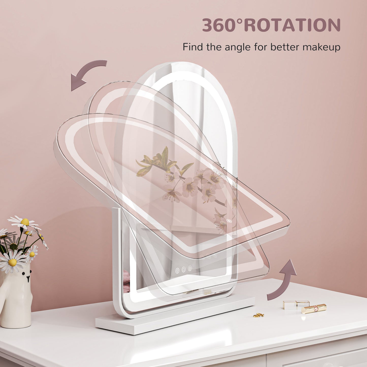 HOMCOM 43 By 59 Cm LED Vanity Mirror White With Adjustable Brightness And 360 Degree Rotating Base Three Color LED