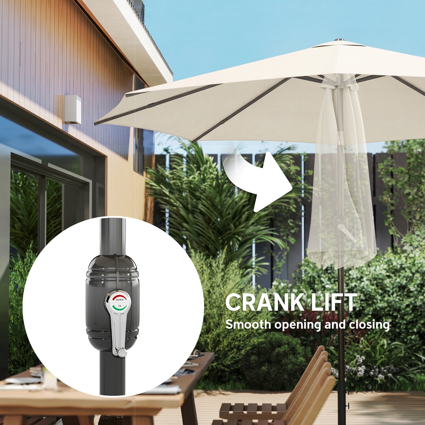 Outsunny 2.7m Garden Parasol Umbrella With Cross Base And Sandbag Retractable Ribs Market Table Umbrella Cream White