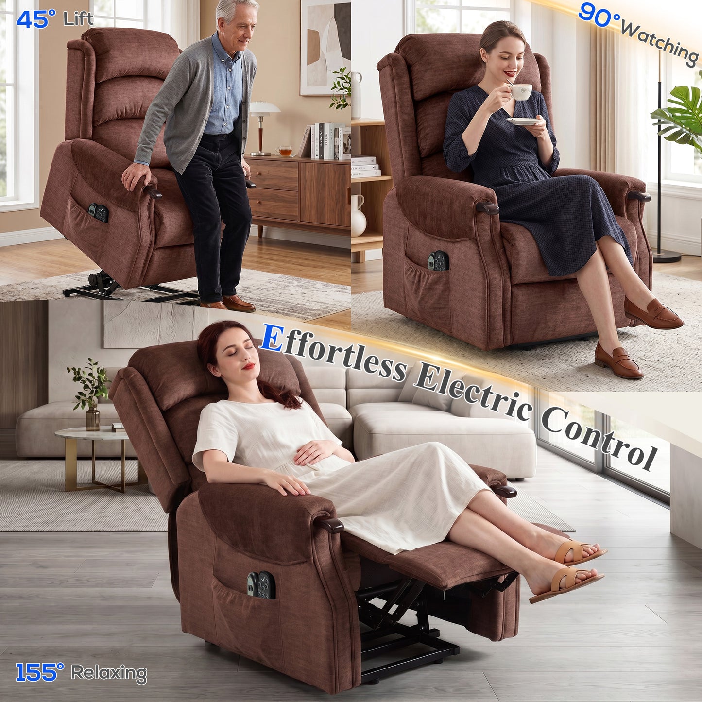 HOMCOM Power Lift Recliner With Vibration Massage And Heat For Tall Users Wood Armrest Pocket Springs Brown