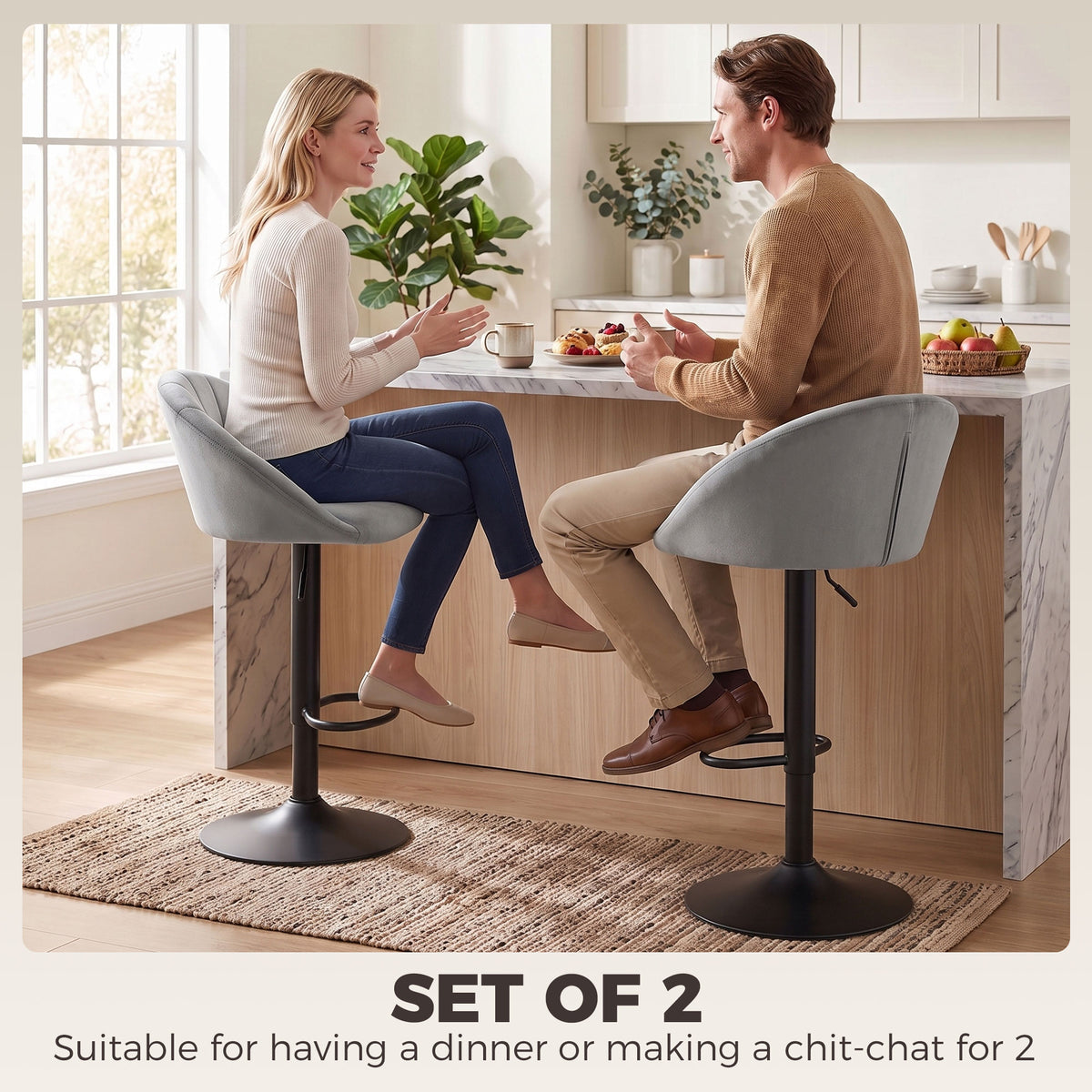 Swivel bar stool set with light gray velvet seats, curved backs, and adjustable height bases